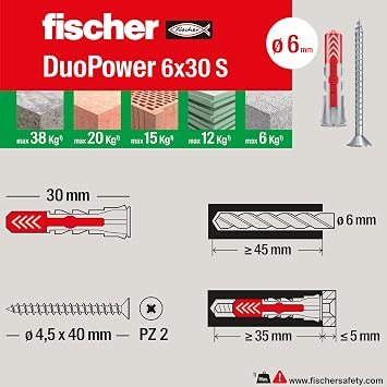 Fischer 544016 Duopower Anchors with Screw, 6 x 30 mm, for Solid Wall, Perforated Brick, Drywall