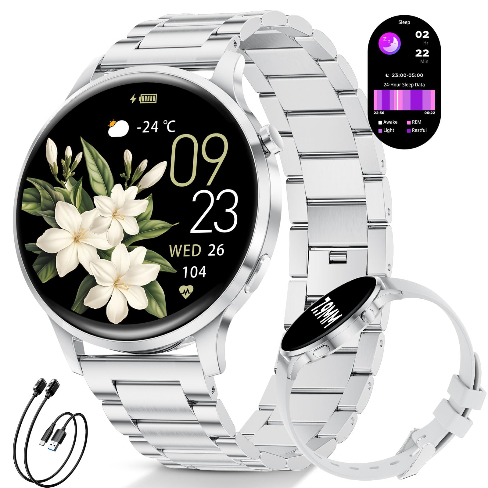SUNKTA Smartwatch Damen mit Telefonfunktion 7,9mm Dünn 1.32" AMOLED Elegant Edelstahl Smart Watch Frauen für Android iOS,Herzfrequenz,Schlafmonitor,Menstruationszyklus,100+ Sportmodi,Silber Grau