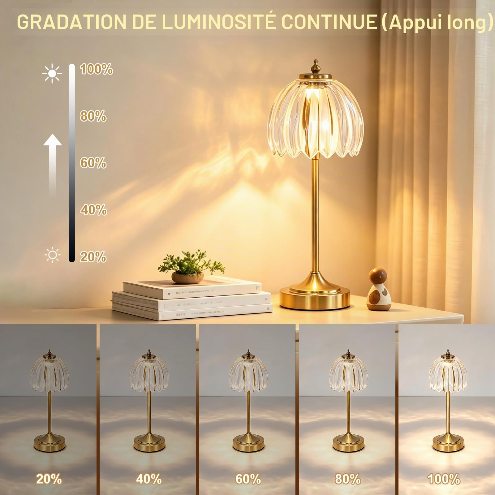 Lampe de Chevet LED Tactile, intensité variable, 3CCT, Vintage Lampe de table Sans fil Avec abat-jour en Verre Tulipe Rétro, Lampe de bureau Rechargeable, Petite Veilleuse pour Chambre Salon Chevet