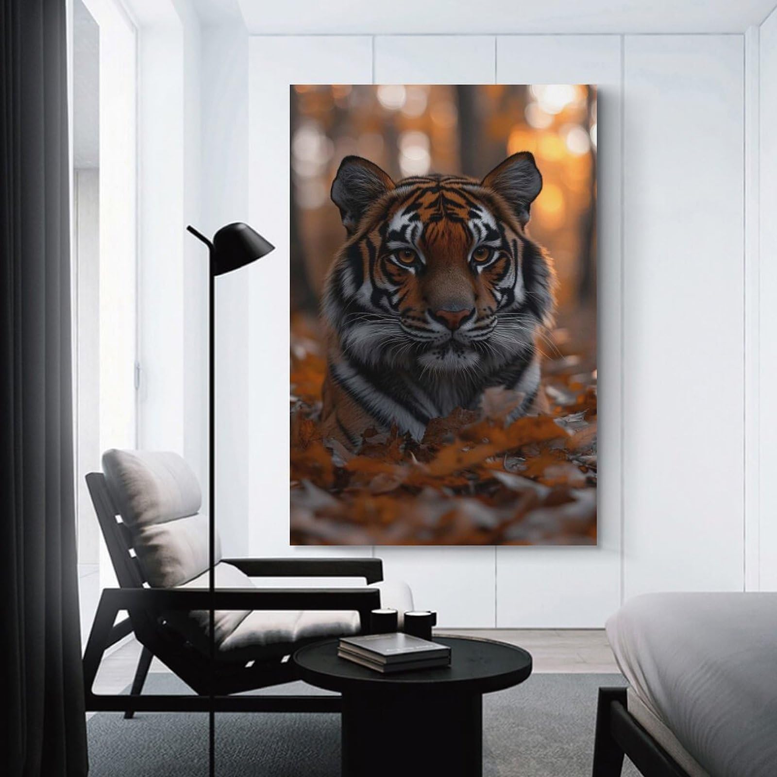 Junmoney Decorative Canvas Print Tiger in Autumn Leaves, 16x24inch(40x60cm), for New Homes, Bedrooms Or Workspaces, Thoughtful Wall Decor for Art Lovers