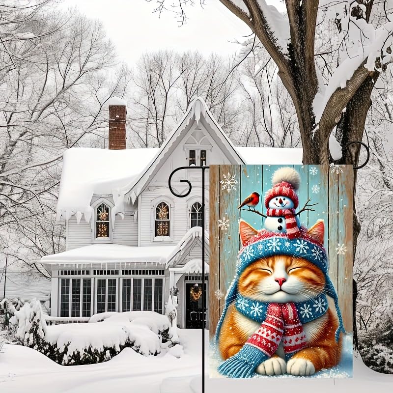 Image of BlissYard Garden Flag Snowman Cat Red Hat Winter 12x18 Inch Polyester