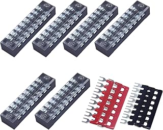 CEEYSEE 12pcs(6 Sets) 8 Positions Dual Rows Covered Screw Terminal Block 600V 15A + 6Pcs 8 Positions Pre-Insulated Black/Red Fork Terminal Barrier Strip 400V 15A (TB1508)