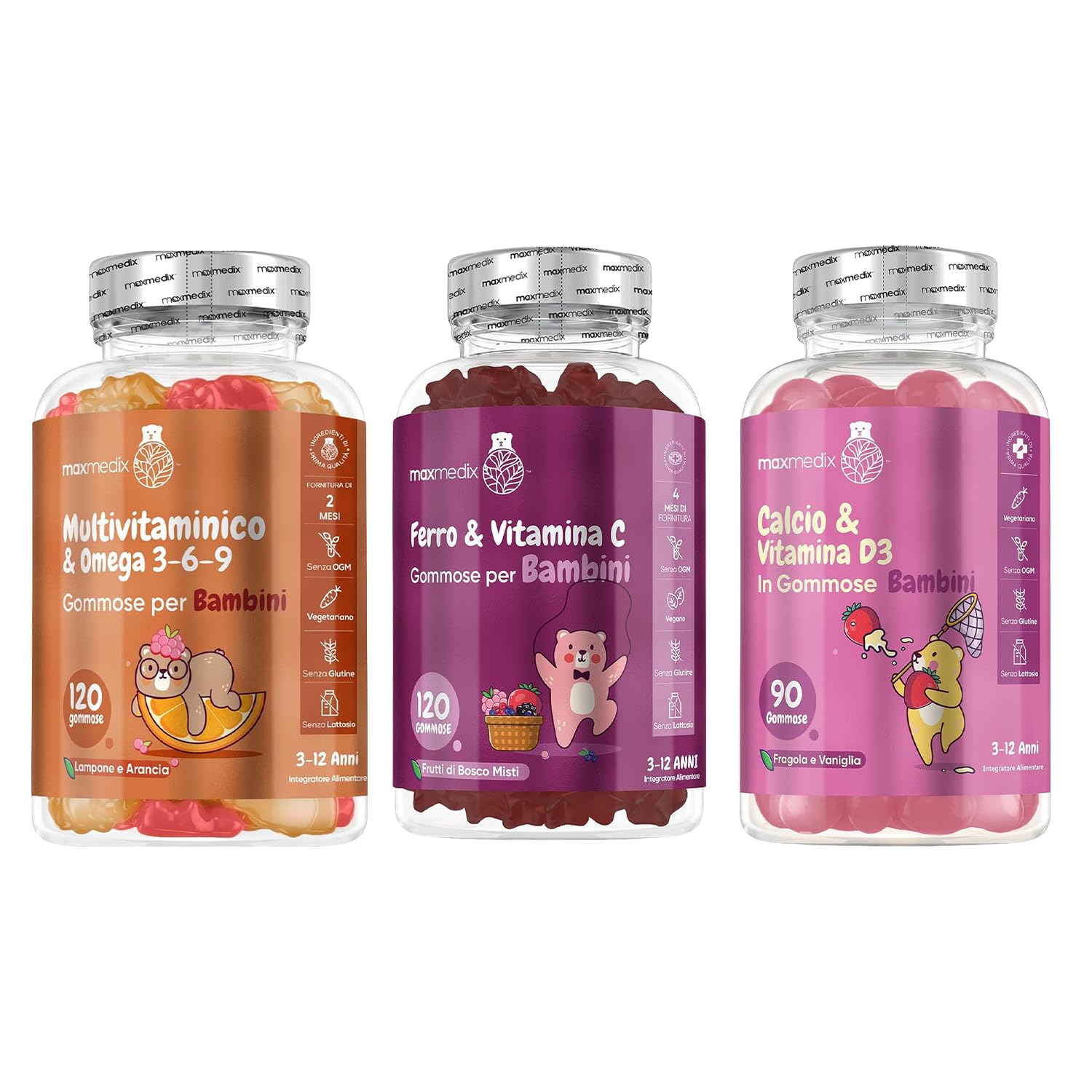 Vitamine Bambini con Omega 3-6-9, Ferro e Vitamina C, Calcio e Vitamina D3|Multivitaminico in Gommose, per Bambini dai 3 ai 12 anni, all'Aroma di Frutta, Integratore Alimentare Senza Glutine