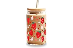 16oz Strawberry Glass Can Cup with Lid & Straw