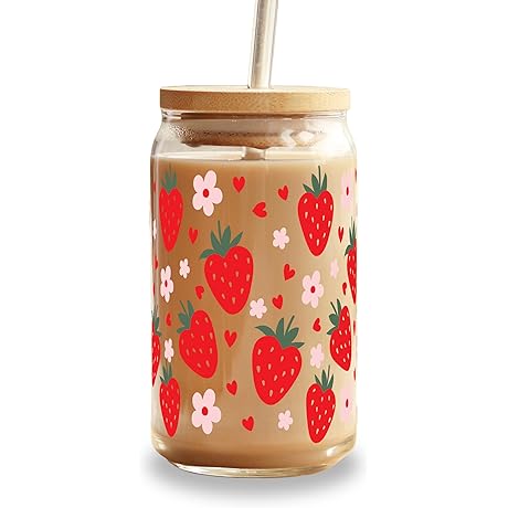 16oz Strawberry Glass Can Cup with Lid & Straw