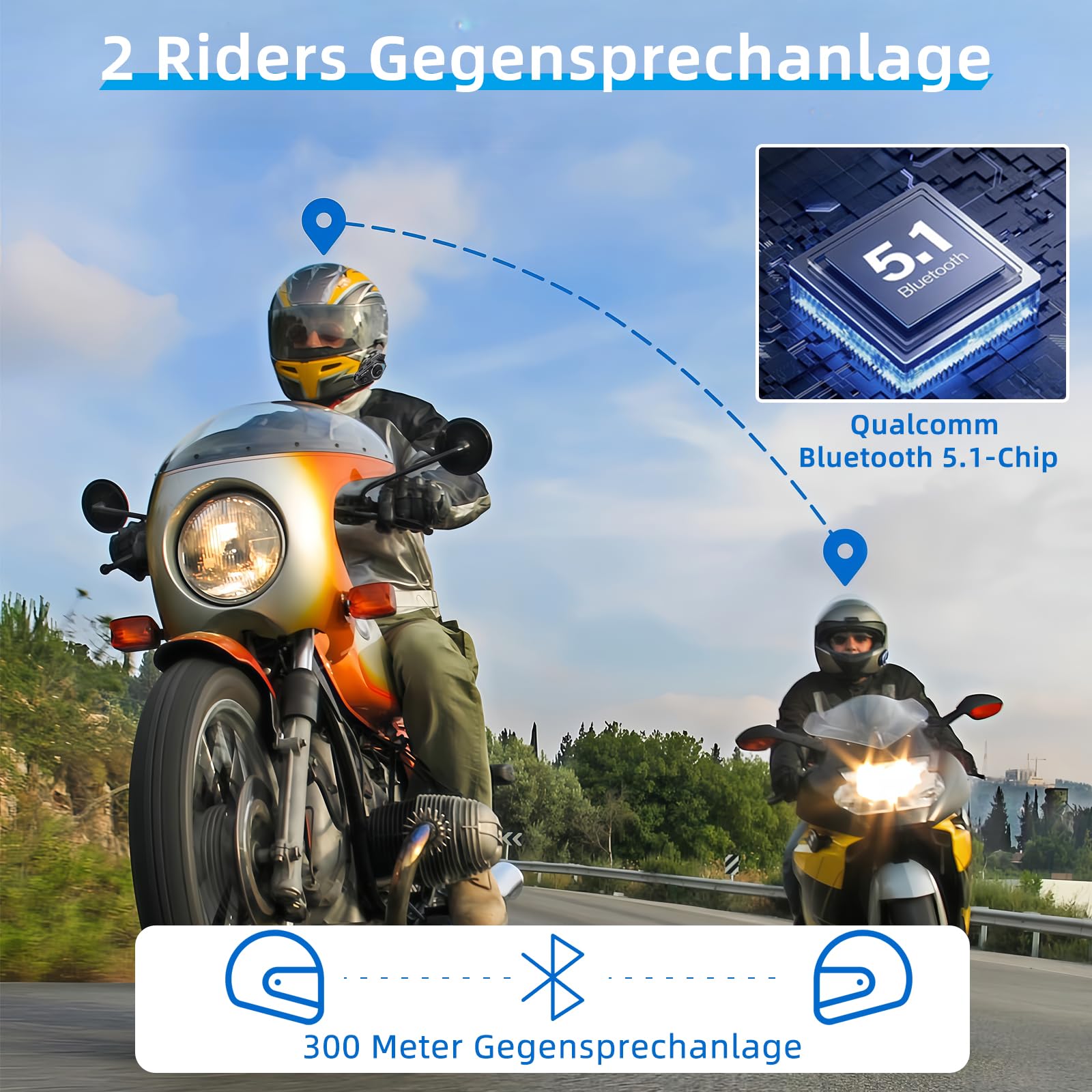 T2 Interfono Moto Auricolare 300M Sistema di Comunicazione con Wireless Bluetooth 5.1 IPX7 Impermeabile Cancellazione del Rumore DSP&CVC HiFi/Voce AI Interphone Casco Moto Auricolare