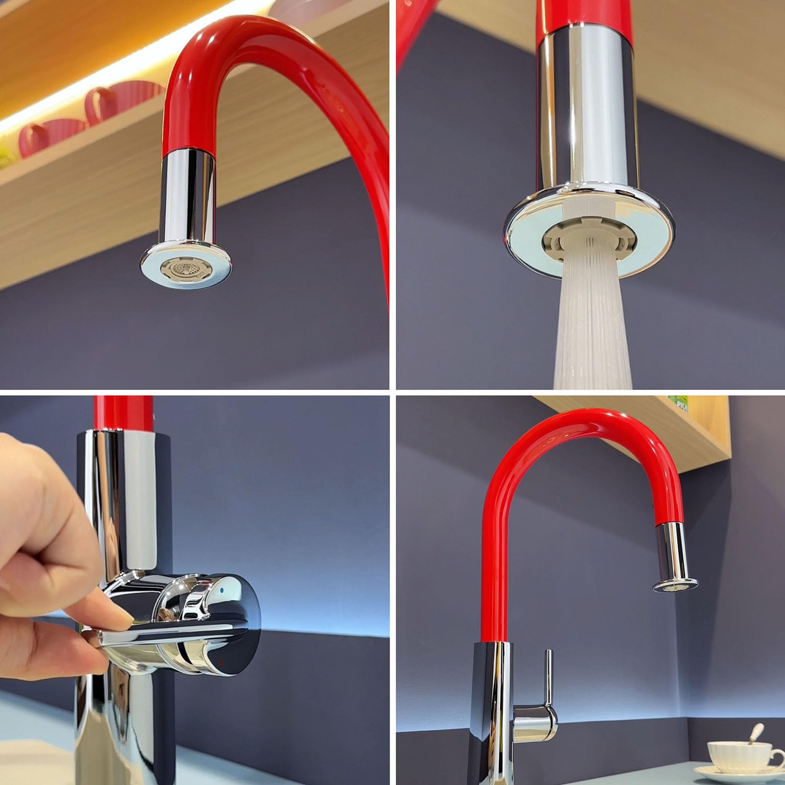 Grifo Fregadero Extensible Monomando Cuello de Cisne Grifo Cocina Caño Alto 2 Modos,rojo