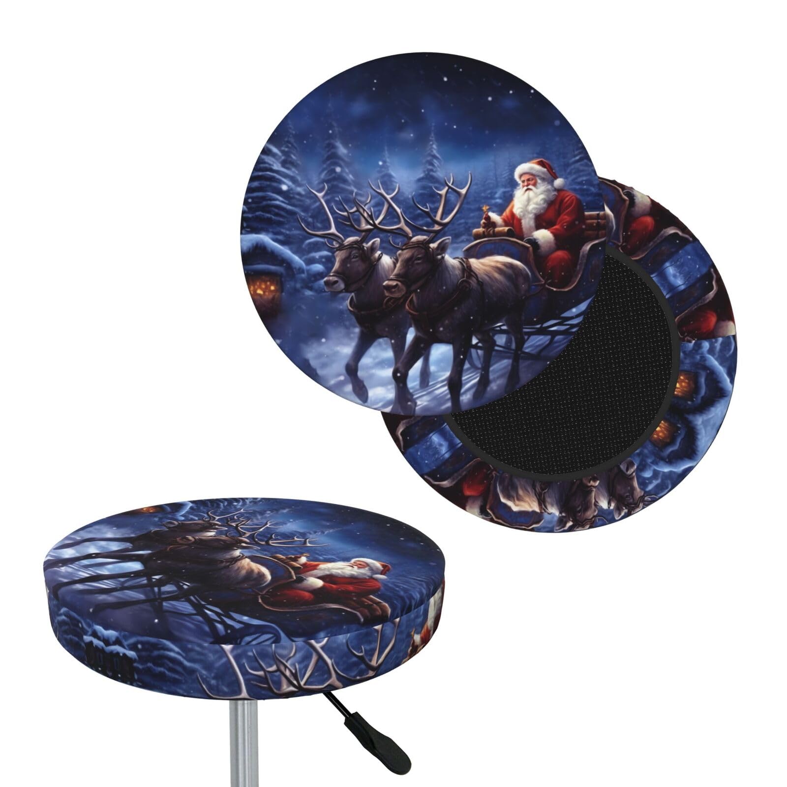 NONHAI Snow Night Santa and Deer Bar Stool Cover Round Elastic Stool Cushion Covers Dustproof Bar Chair Cover Washable Stool Cushion Slipcover Stretch Stool Seat Covers for 12-14 Inch Chair