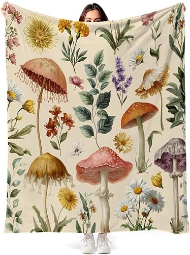 Vintage Floral Mushroom Throw Blanket for Couch, 50x60 Inch