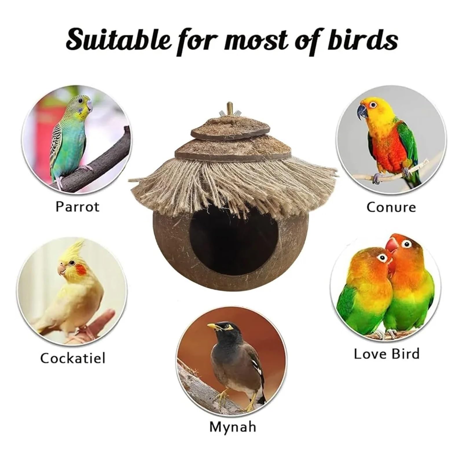 Nido de pájaro de Concha de Coco Casita Colgante de Fibra Coco for pájaros en Jaula, Nido cría for Loros, periquitos, agapornis, pinzones y Canarios pequeños(2pcs Coconut Hide)