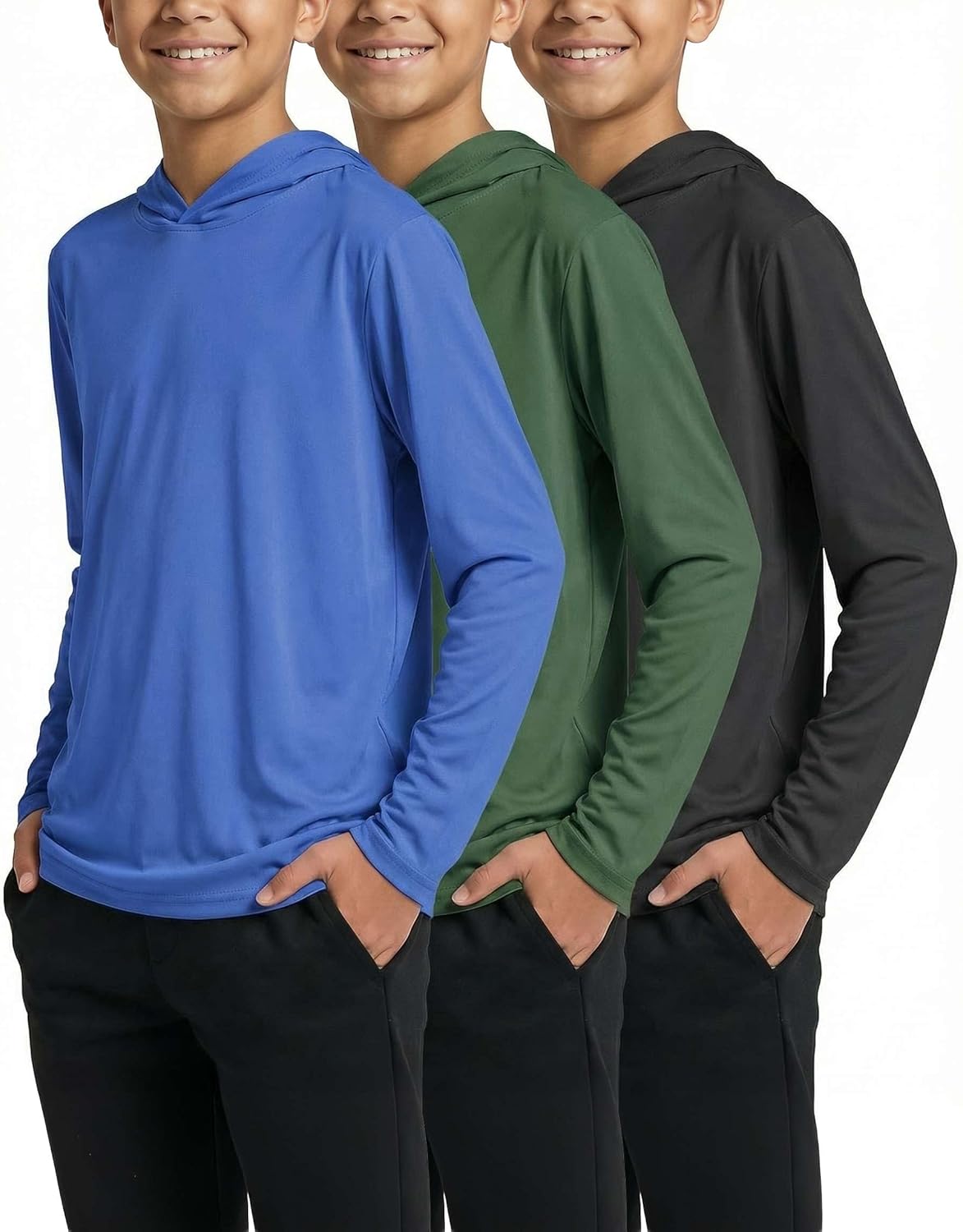 Real Essentials 3 Pack: Dry-Fit Youth Boys Teen Active Long Sleeve Hoodie Sweatshirts - Hooded Pullover Shirts