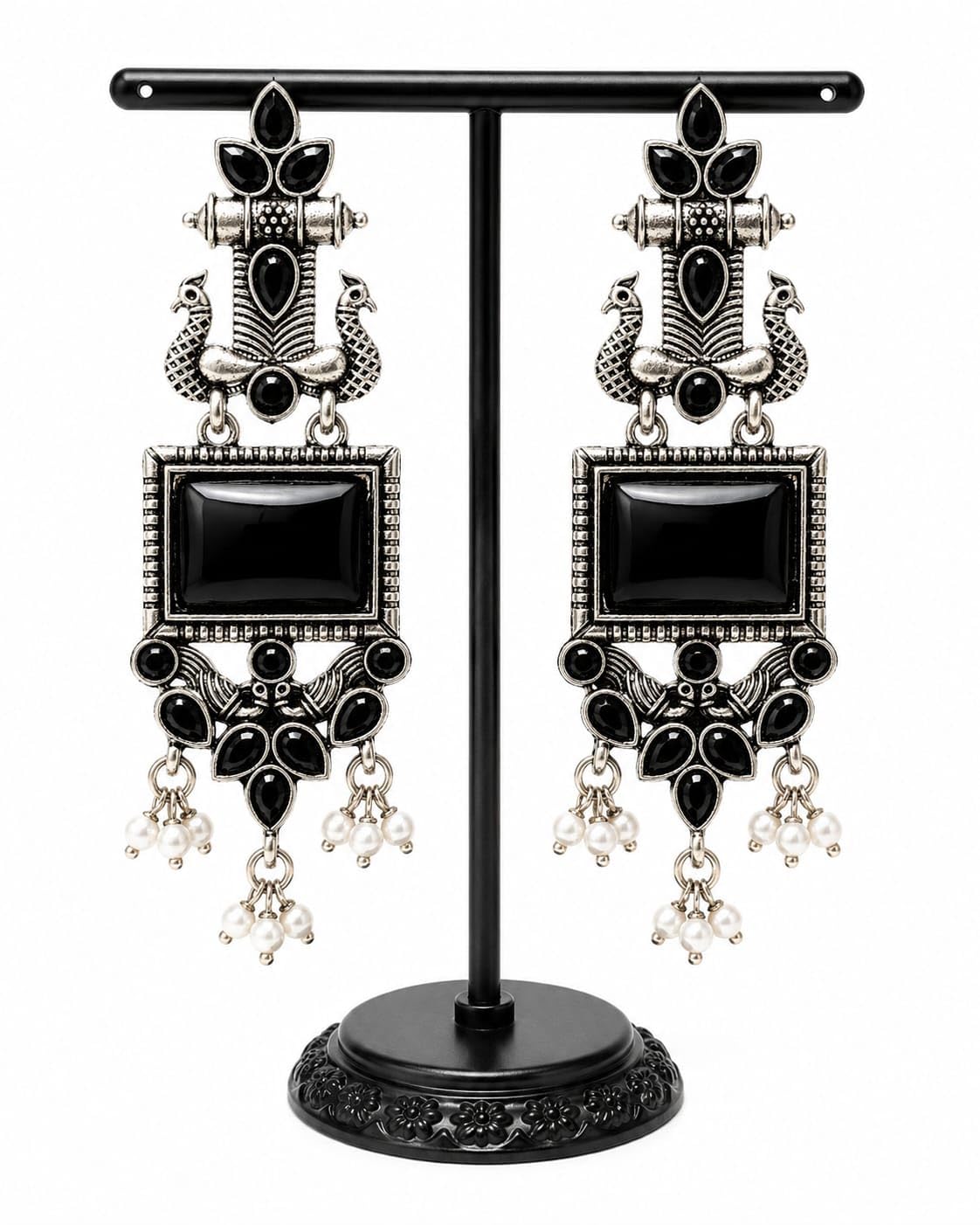 Women’s Oxidised Silver-Tone Black Stone Long Drop Earrings with Peacock Motif & Pearl Beads | Traditional Ethnic Jewellery for Wedding, Festive-picture-33