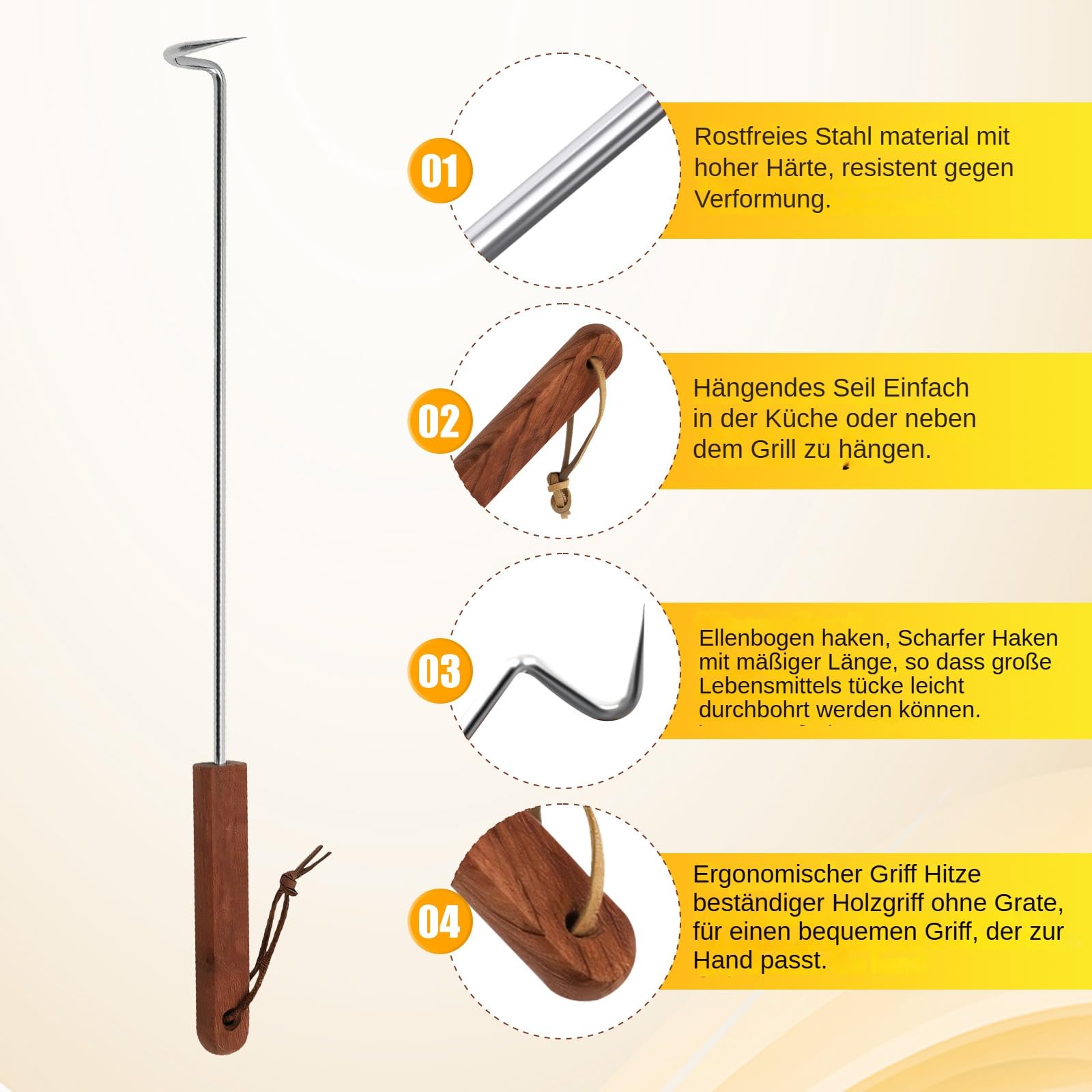 Sharplace Grill Fleischhaken mit Holzgriff, BBQ Fleischwender Haken, Universeller Grillhaken für Fleisch, Stabiler Grillaufnehmer zum Wenden, Heben und Transportieren für Wurst Gemüse, 44 cm x 3,7 cm
