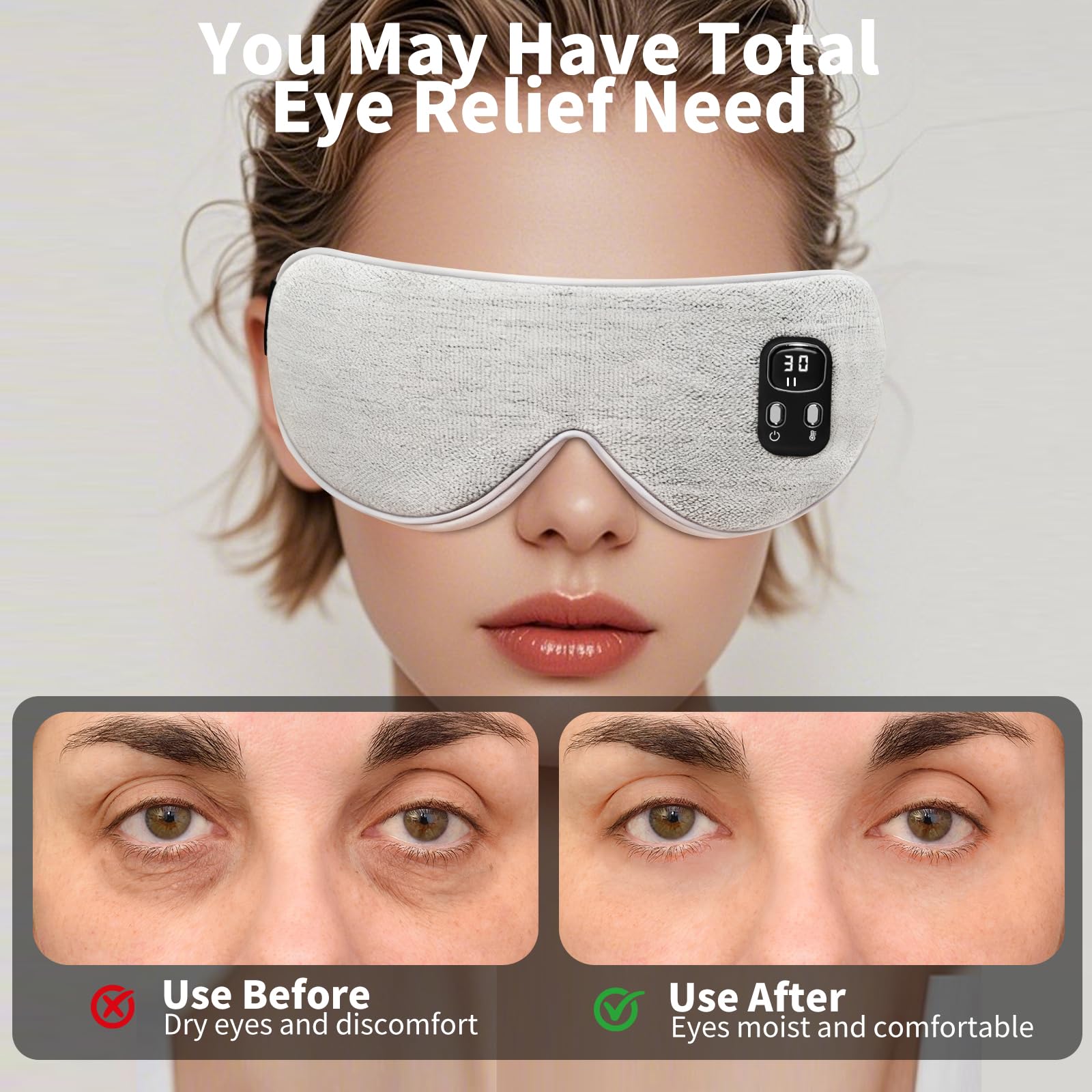 Máscara térmica para ojos – Máscara de ojos inalámbrica para ojos secos, alivio de ojos, sueño mejorado, almohadilla térmica lavable para viajes, extraíble para limpieza y 2 fundas, tiempo y