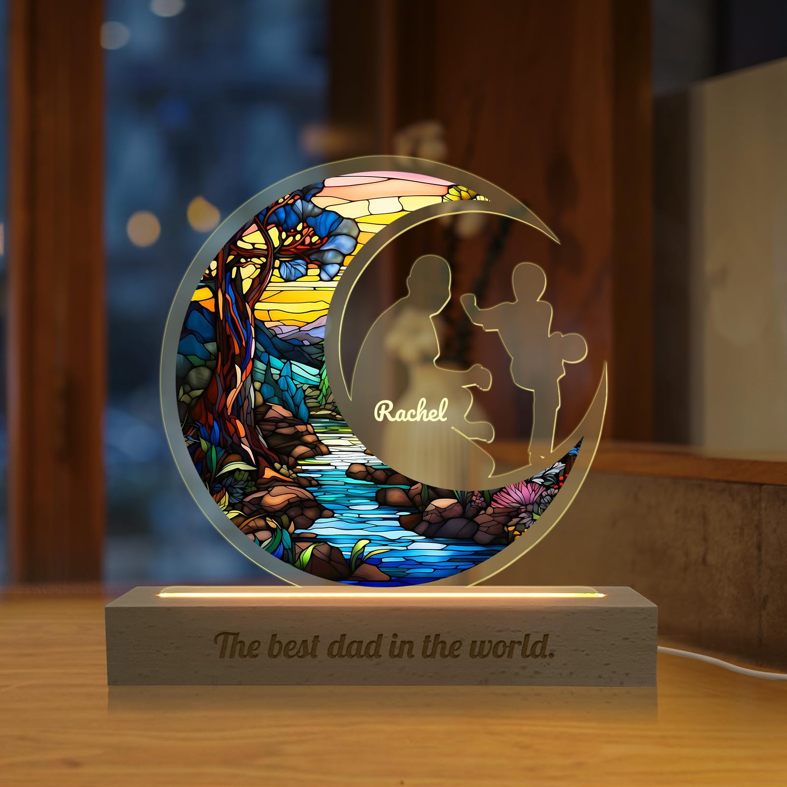 Custom Acrylic Moon Night Light with Text, Personalised Name Acrylic Night Light for Dad, Customised Night Light Bedroom Decoration, Personalised Gifts for Dad, FatherS Day, Birthday, Christmas