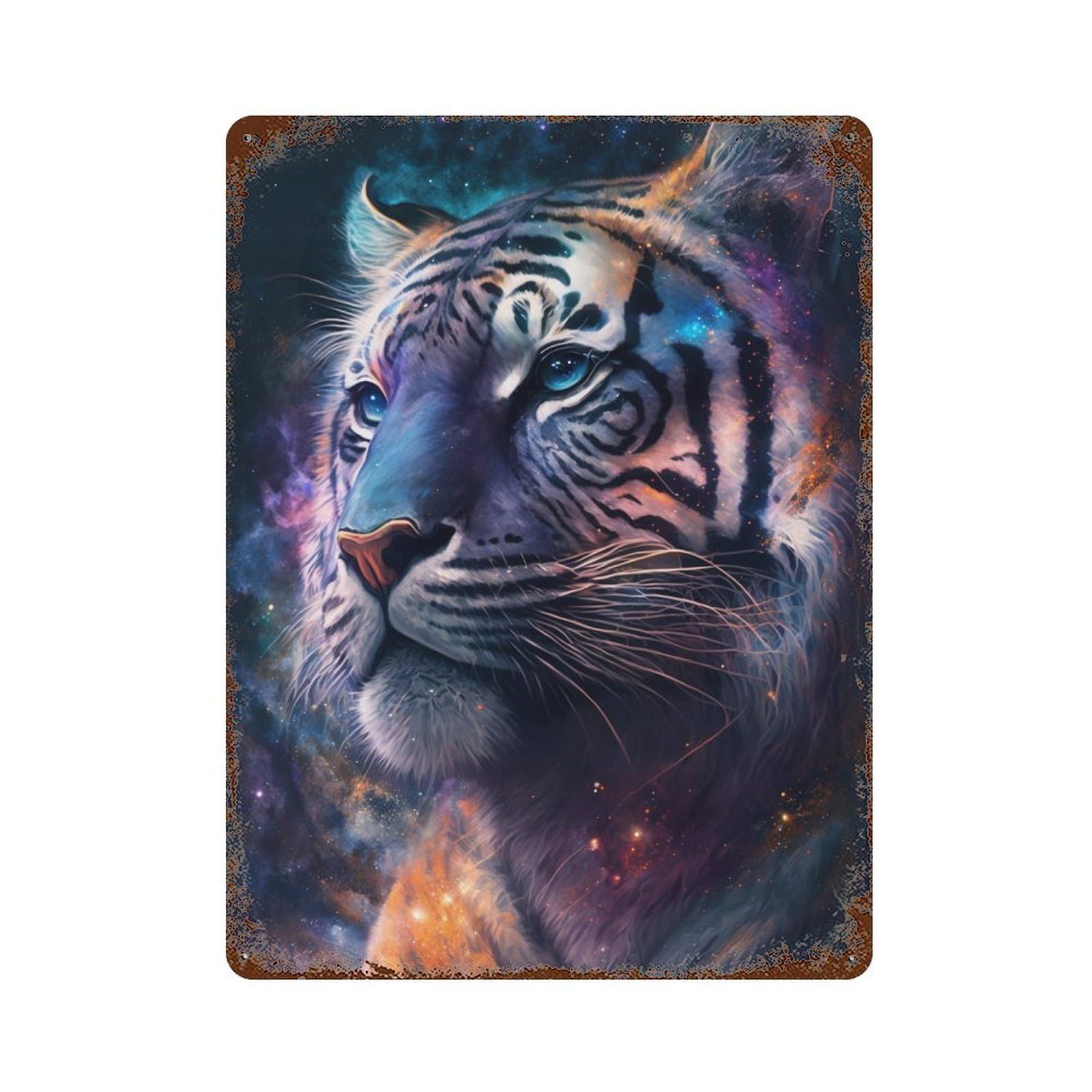 Cosmic Tiger Portrait-26 15.7"x11.8" Distressed Metal Wall Sign, Industrial Home Decor for Patio, Garden Room And Bar Decor