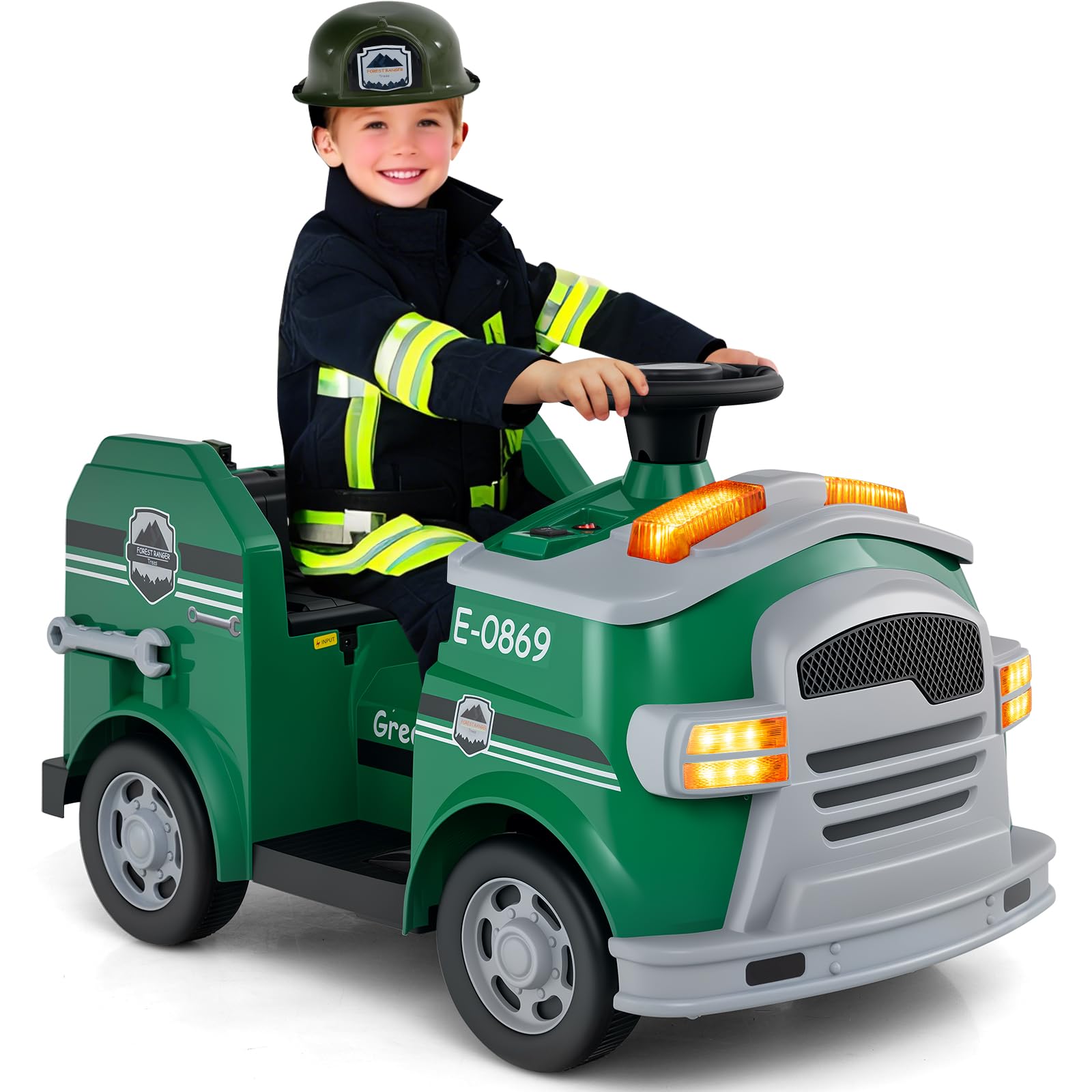 GOPLUS Camion Pompier Enfants 12V, Voiture Electrique Enfant avec Pelle, Extincteur, Échelle, Casque de Protection, Gyrophare, Musique, pour 3-5 Ans, Charge 25KG (Vert)