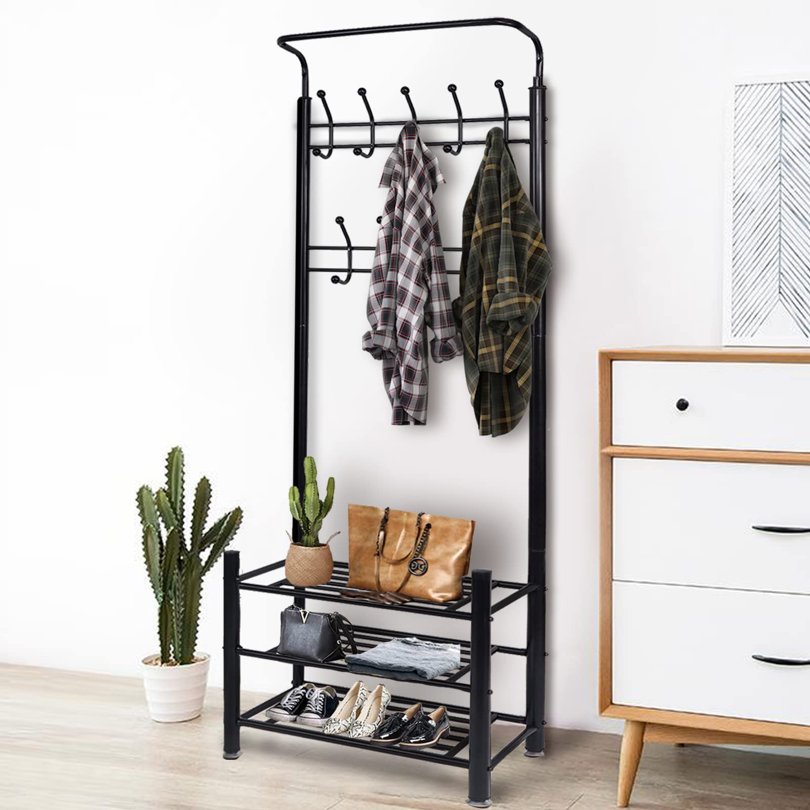 INRLKIT Coat Hat Rack，WIth 18 Hooks Hall Tree Clothes Rack Stand Hanger 3-Tier Storage Shelves Free Standing Clothes Stand For Entryway Corner Hallway Garment Organizer ,BLack