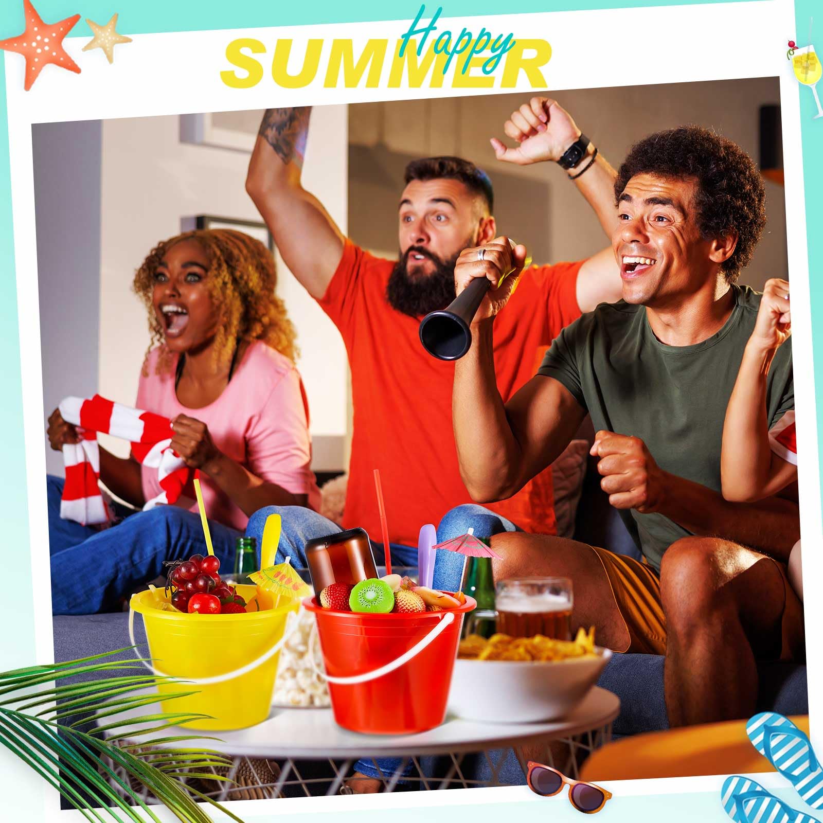Juego de 15 cubos de plástico para ron de 68 onzas, cubos de hielo para cóctel, cubos grandes para bebidas con pajitas y palas, paraguas con asa para fiesta de verano, bar, vino, cerveza 6