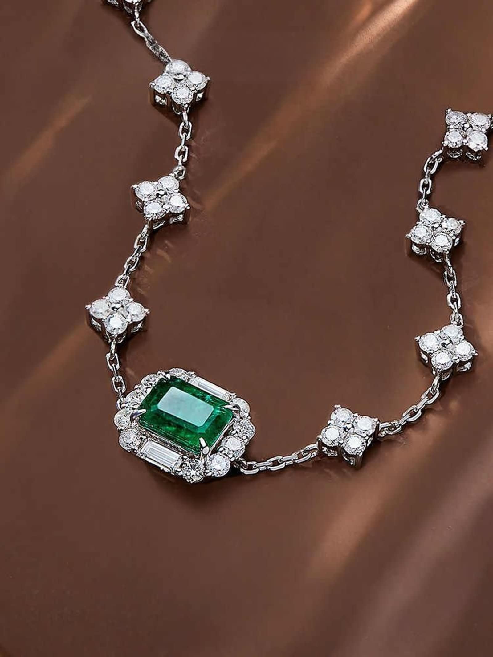 Weißgold Kette Armband 9 K / 14 K / 18 K für Damen, Rechteck mit Erstellter Smaragd 0,63 Karat und Moissanit 1,3 Karat, Verstellbare Länge 16 CM + 5 CM, Armkette Silber Grün Damen