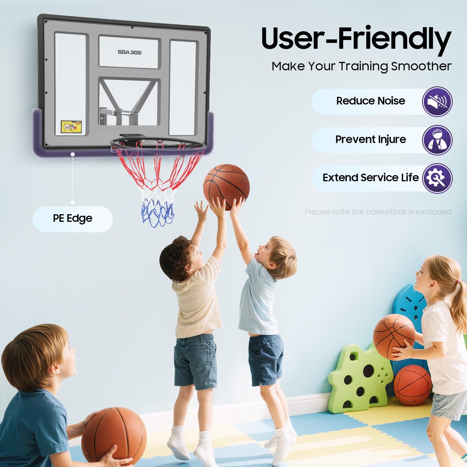 Kit de repuesto de tablero de baloncesto montado en la pared, 44 x 30 pulgadas, combo de tablero y borde de PET, tablero y borde de 25 cm de altura desde la pared, fácil de instalar