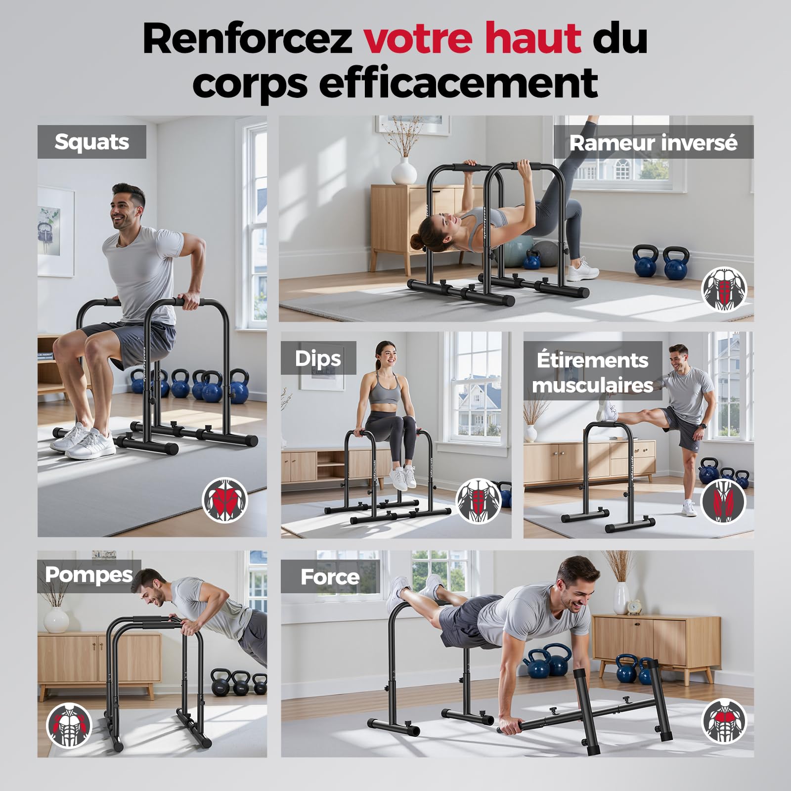 Sportsroyals Barres de Dips Parallèle Musculation Charge 400 kg Sécurité Double Hauteur Réglable 81-96 cm