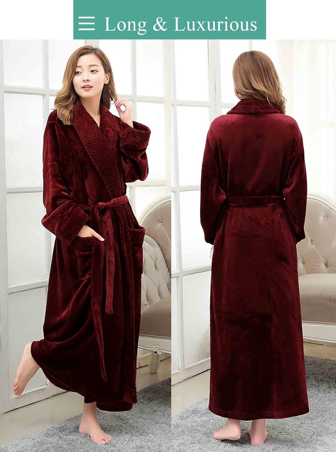 Artfasion Womens Long Fleece Robe - Warm Soft Floor Length Flannel Bathrobes for Winter Thicker Long House Coat with Pockets - Image 2