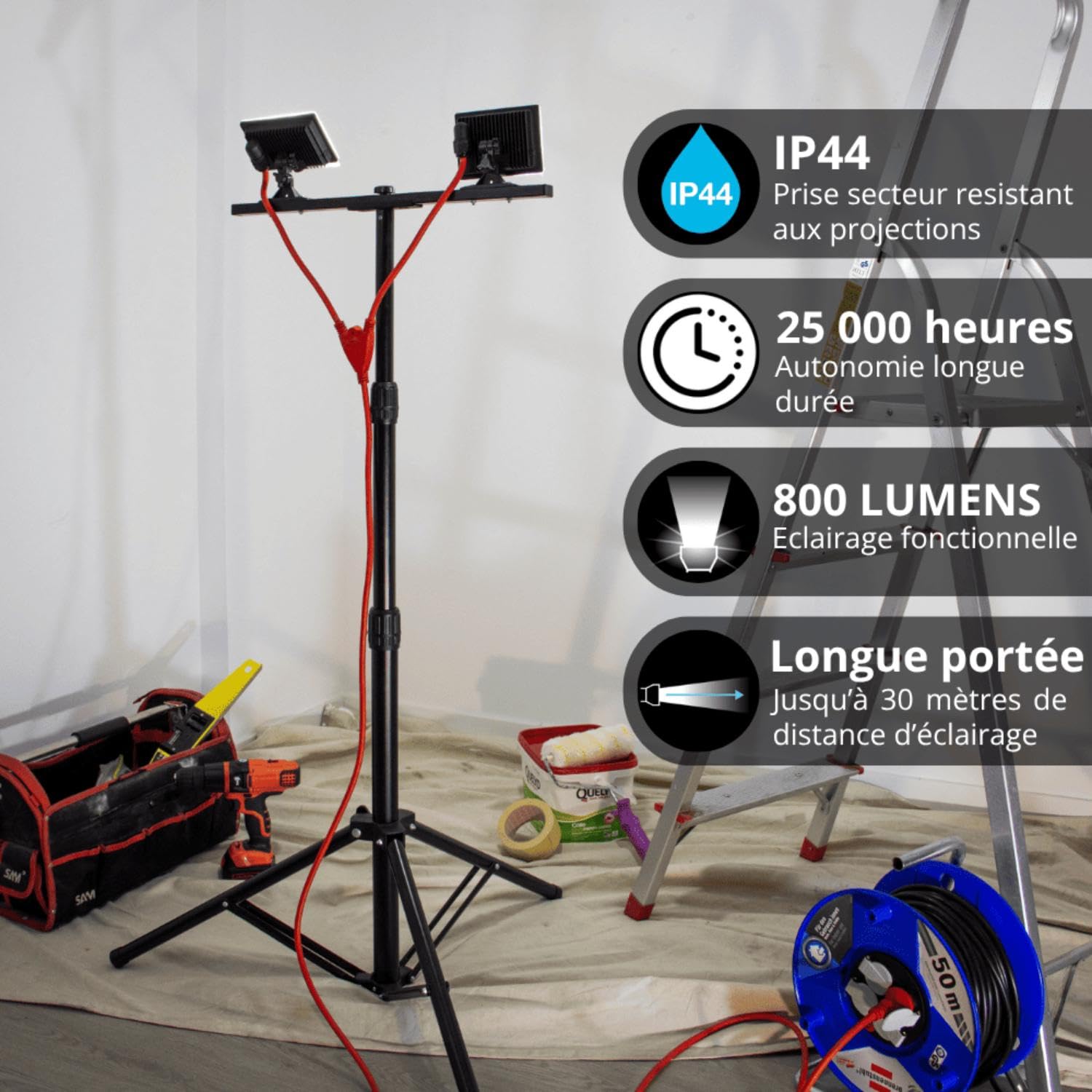 Projecteur de Chantier LED sur Pied, Filaire, x2 Projecteurs, 40 W, 2800 Lumens