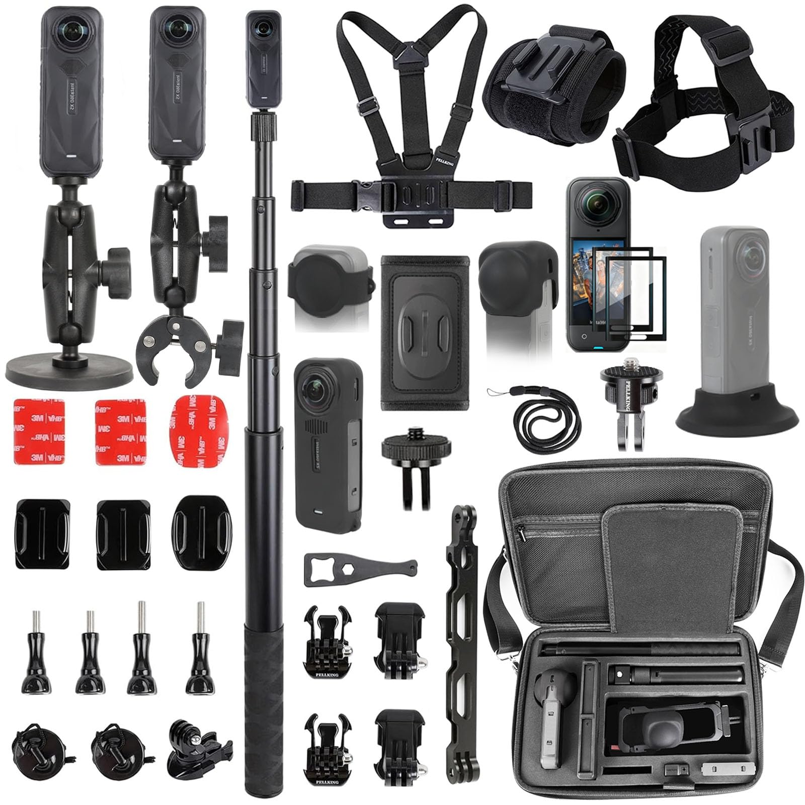 PellKing Accessories Kit for insta360 X5,Included Carrying Case with Belt,2 Pcs Metal 1/4" Adapter,Handlebar Clamp,Magnetic Mount,43in Selfie Stick,