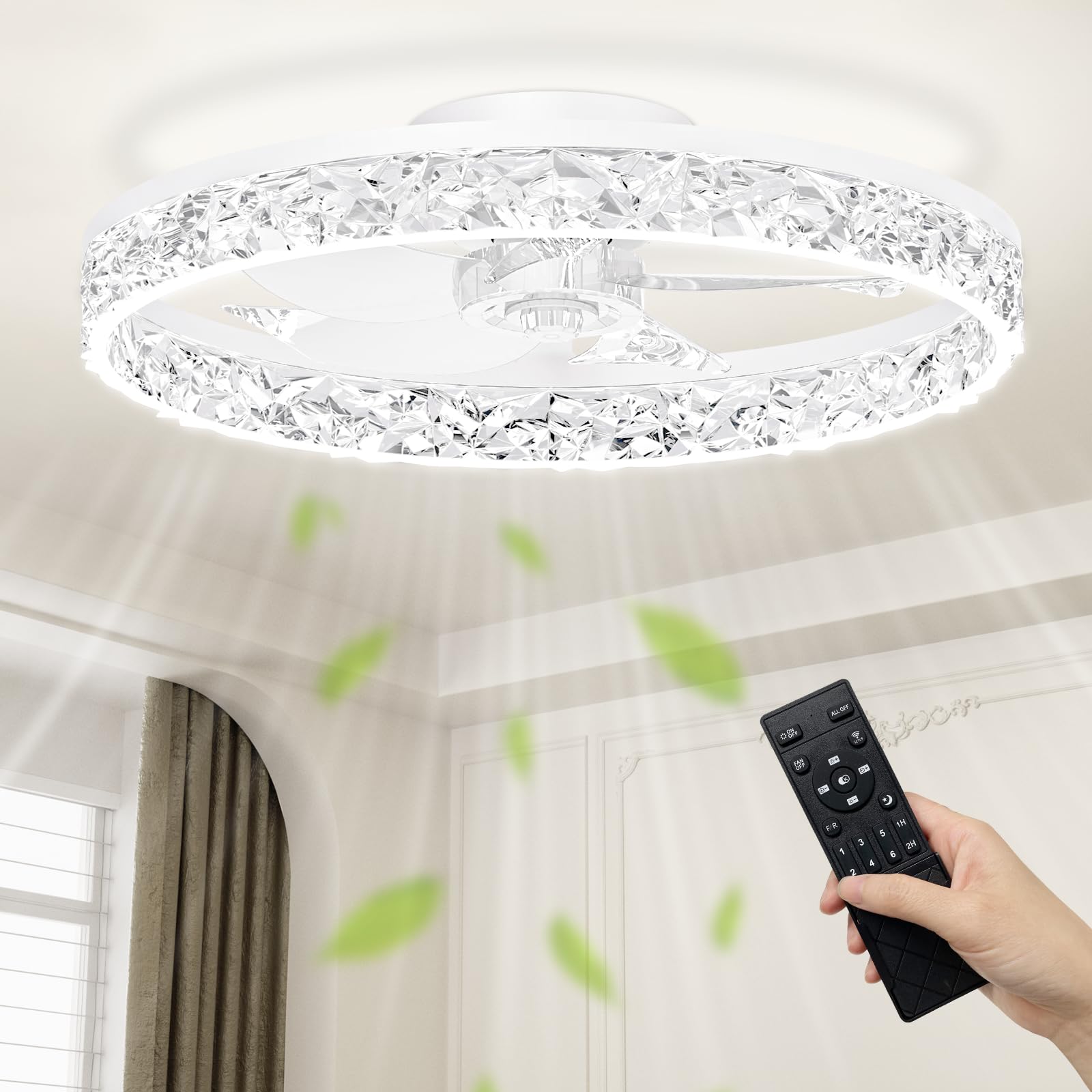 Chinly White 50Cm Led Ceiling Fan With Lights, Flush Mount Ceiling Fans W/App Remote,3000K/4500K/6000K Stepless Dimmable Low Profile Ceiling Fan, 6 Speeds Ceiling Fan Light For Bedroom Living Room（White）