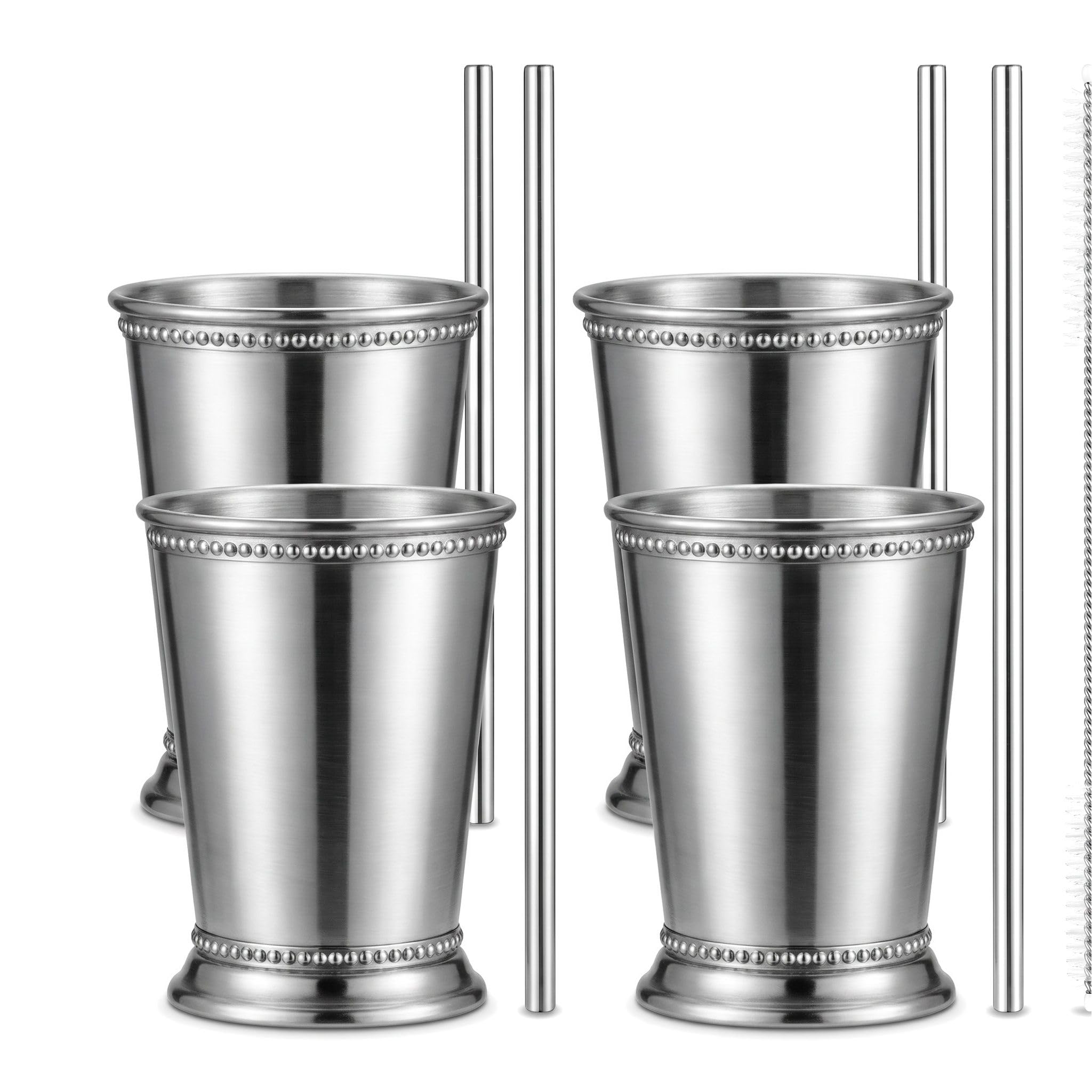 Lot de 4 gobelets à cocktail vintage en acier inoxydable avec pailles réutilisables pour mojito, margarita, bourbon, bar, fête, mariage, restaurant, 355 ml