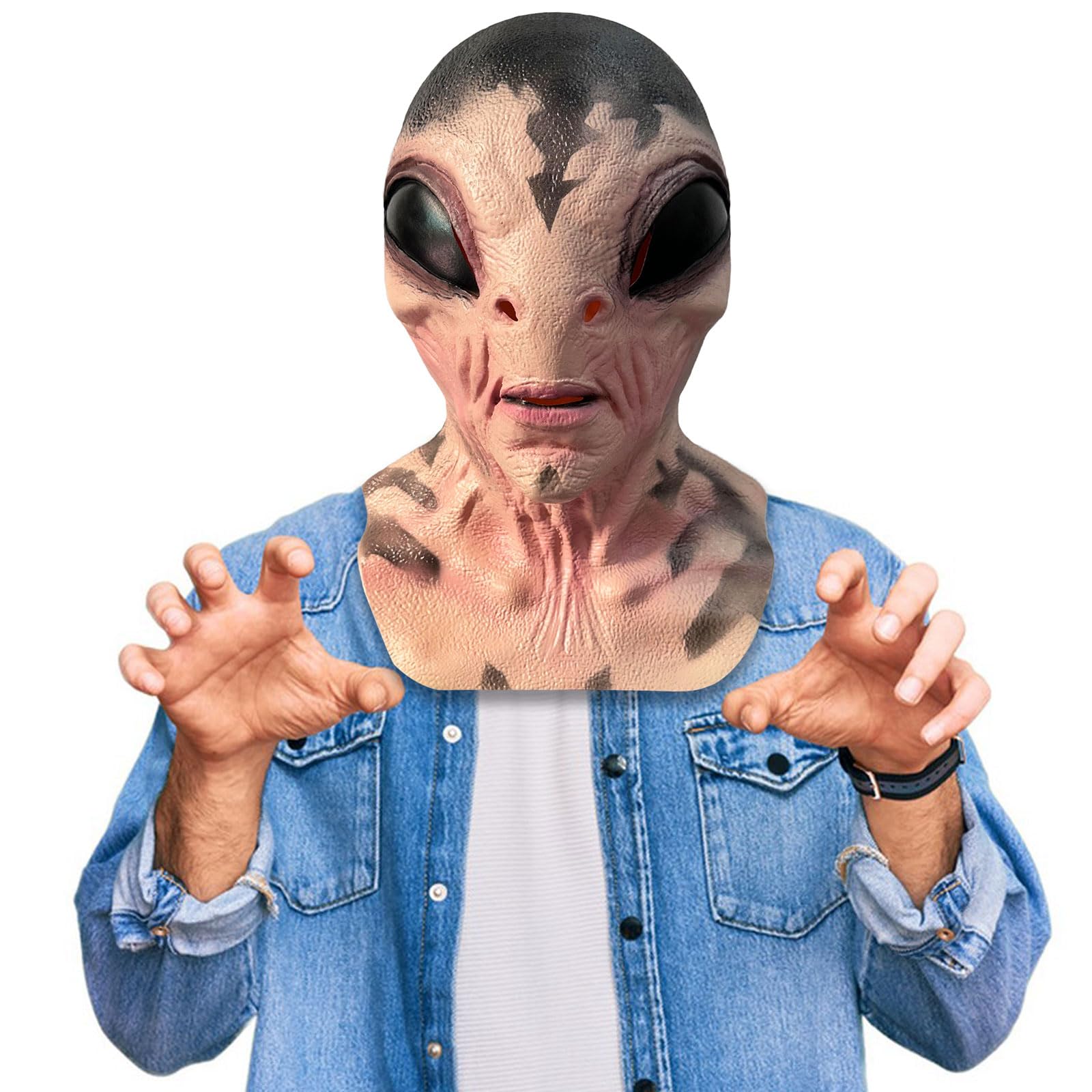 BEJOYFMY Alien Mask, Scary Latex UFO ET Dress Up Head Mask Headdress Costume Party Props for Halloween Cosplay - Patterned