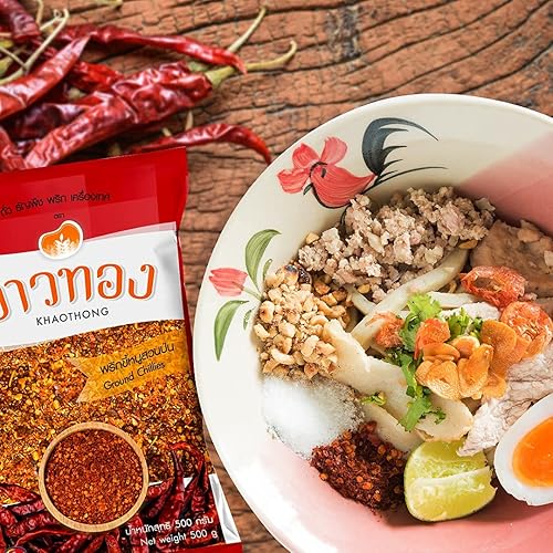 Miniatura 4 de Khaothong Chile molido tailandés, chiles tailandeses triturados, chile rojo molido, hojuelas de chile picante, 100 g (3.52 oz) Condimentos de chile