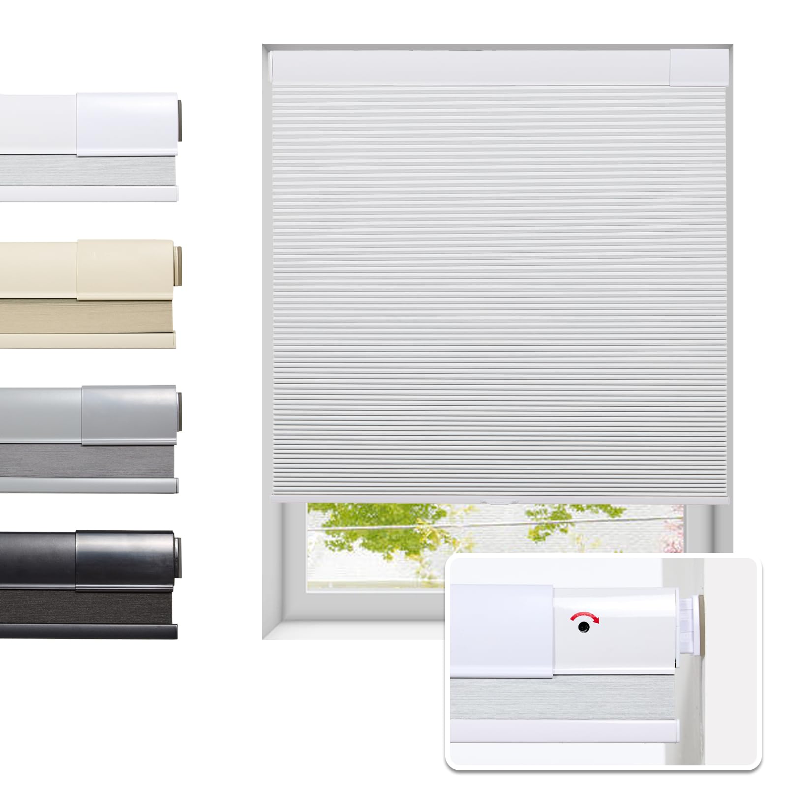 No Drill Cellular Shades for Indoor Windows, Thermal Insulating & Noise Reducing Honeycomb Shades, Free Stop Cordless Blackout Shades, White, Custom Size