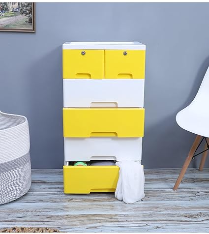 The Tickle Toe Plastic Chest of 6 Drawers | Multi-Purpose Storage Organizer for Kids | Wardrobe for Kids Clothes & Toys with Locking Drawers & Portable | Kids Cabinet, 44Lx28.5Wx82H Cm Yellow White
