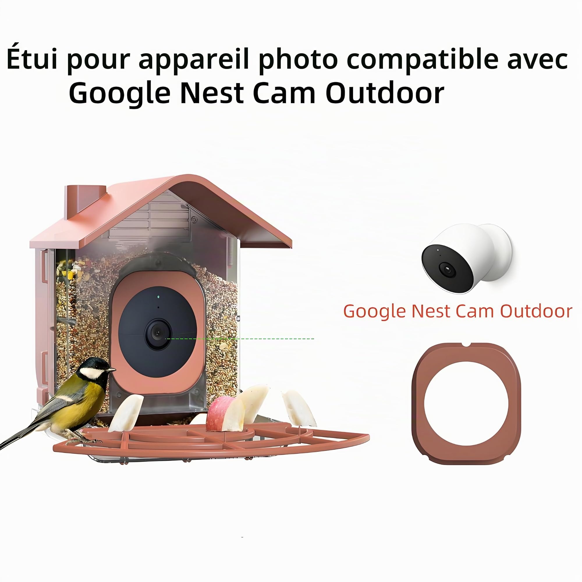 Mangeoire pour oiseaux avec boîtier caméra pour extérieur compatible avec Google Nest Cam, support de montage, étanche, grande capacité 1,6 lb, station de surveillance de la faune (caméra non