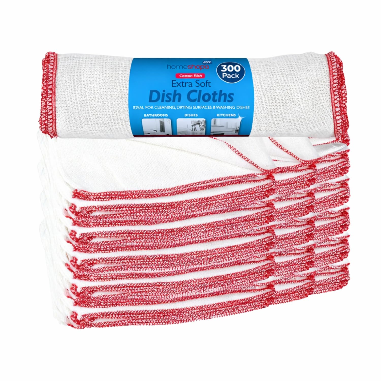 HOMESHOPA Cotton Dish Cloths, 300 Pack White Soft Super Absorbent Home Kitchen Cleaning Scrubbing Washing Up Dishcloths, Washable & Reusable Tea Towels for Cleaning, Drying Surfaces, Washing Dishes