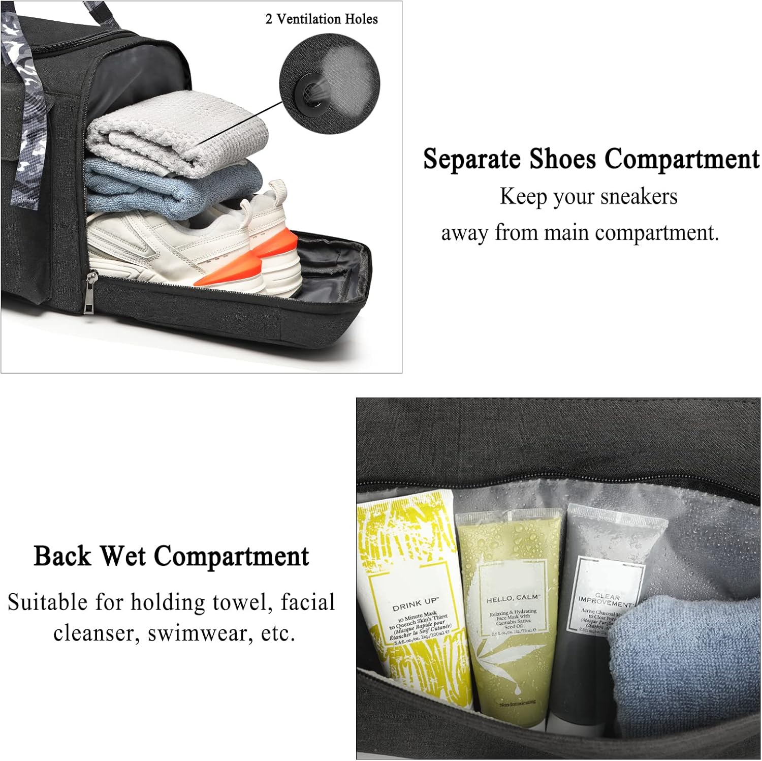 Gym Bags for Men Gym Duffle Bag Backpack 3-Way Sports Duffel Bags for Men with Shoe Compartment & Wet Pocket（Black） - Image 2