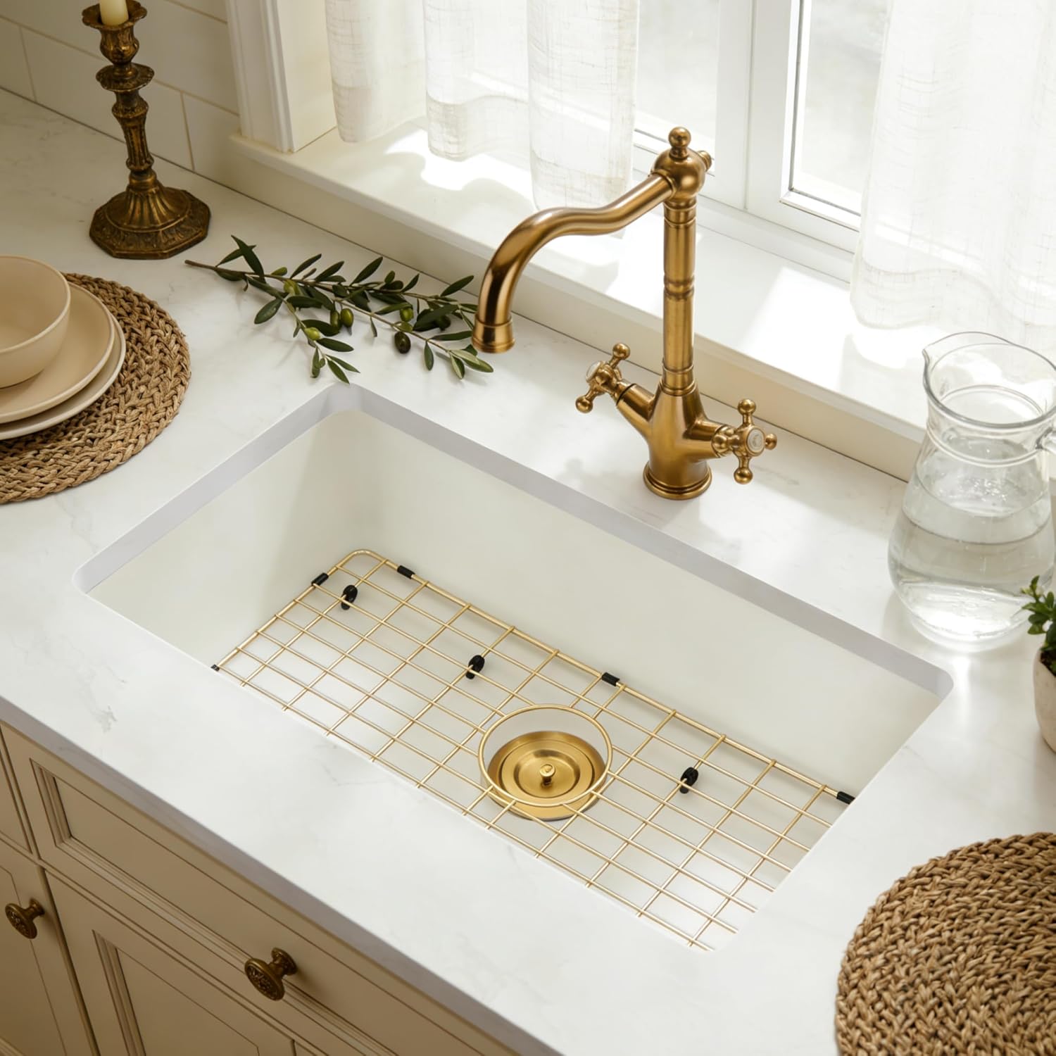 MILOSEN White Undermount Kitchen Sink, 30"x18" Granite Composite Single Bowl Kitchen Sinks, 9" Deep Large Undermount/Drop In Sink with Gold Accessories, White Quartz Kitchen Sinks for Modern Kitchen