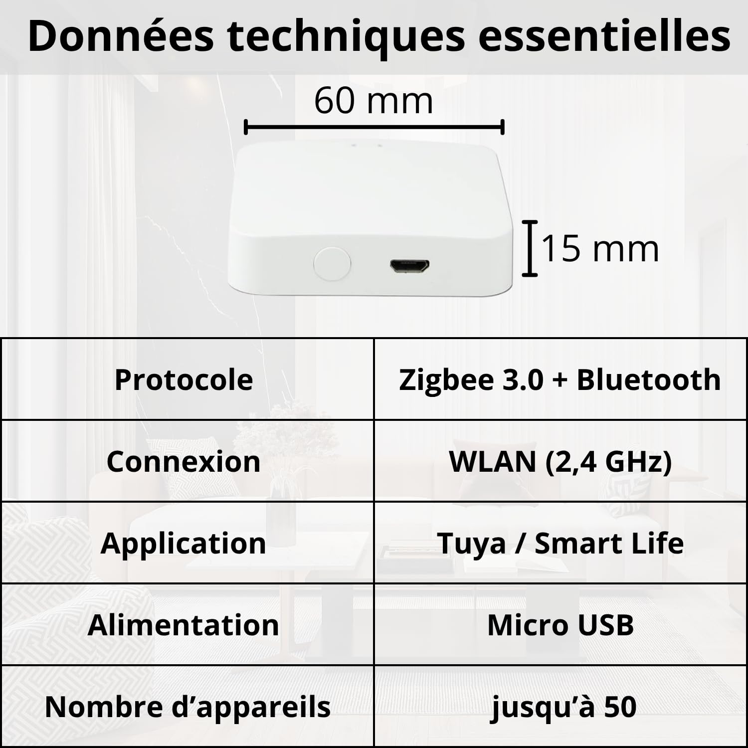 Sone Smart One Passerelle Zigbee 3.0 Tuya/Smart Life – Hub Zigbee + Bluetooth – Jusqu'à 50 Appareils – Connexion WiFi 2.4GHz – Alimentation MicroUSB – Format Compact 60x60x15mm