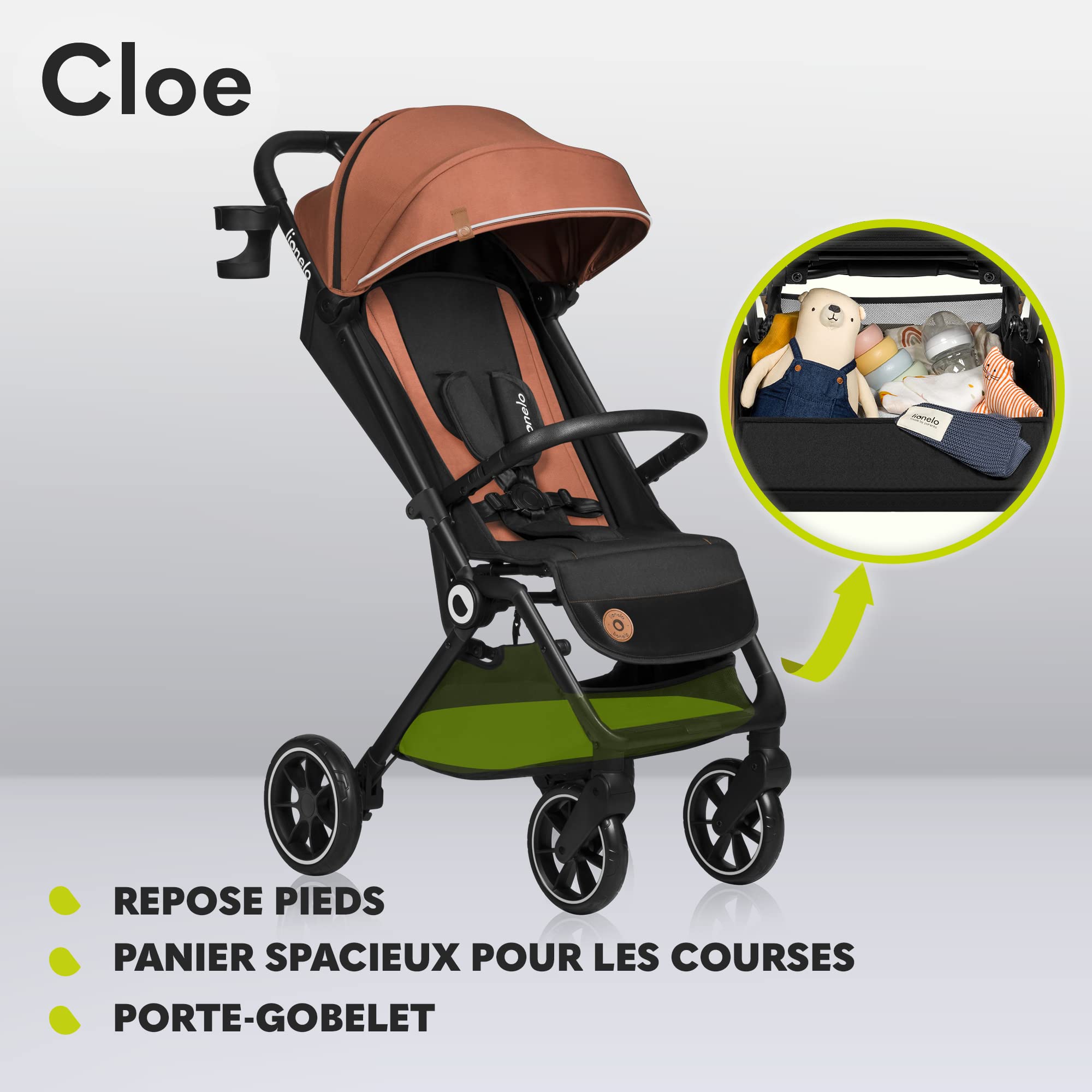 LIONELO Cloe Poussette Pliable Bébé jusqu'à 22 kg Réglage du Dossier Fonction Sommeil Harnais à 5 Points Grandes Roues Pivotantes Moustiquaire Compacte Imperméable (brun)