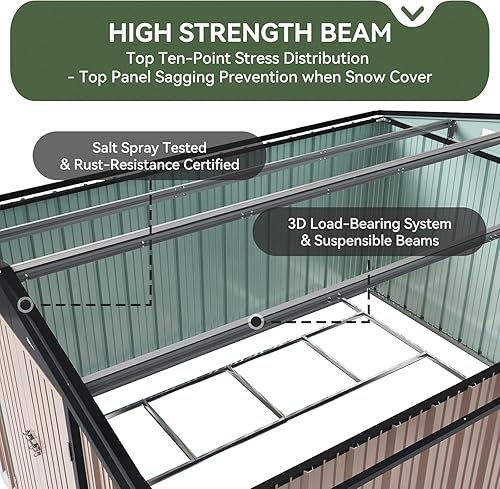 Vista 20 de Aoxun Cobertizo de almacenamiento al aire libre de 80 pies cúbicos impermeable para jardín, cobertizo de herramientas de metal, color marrón