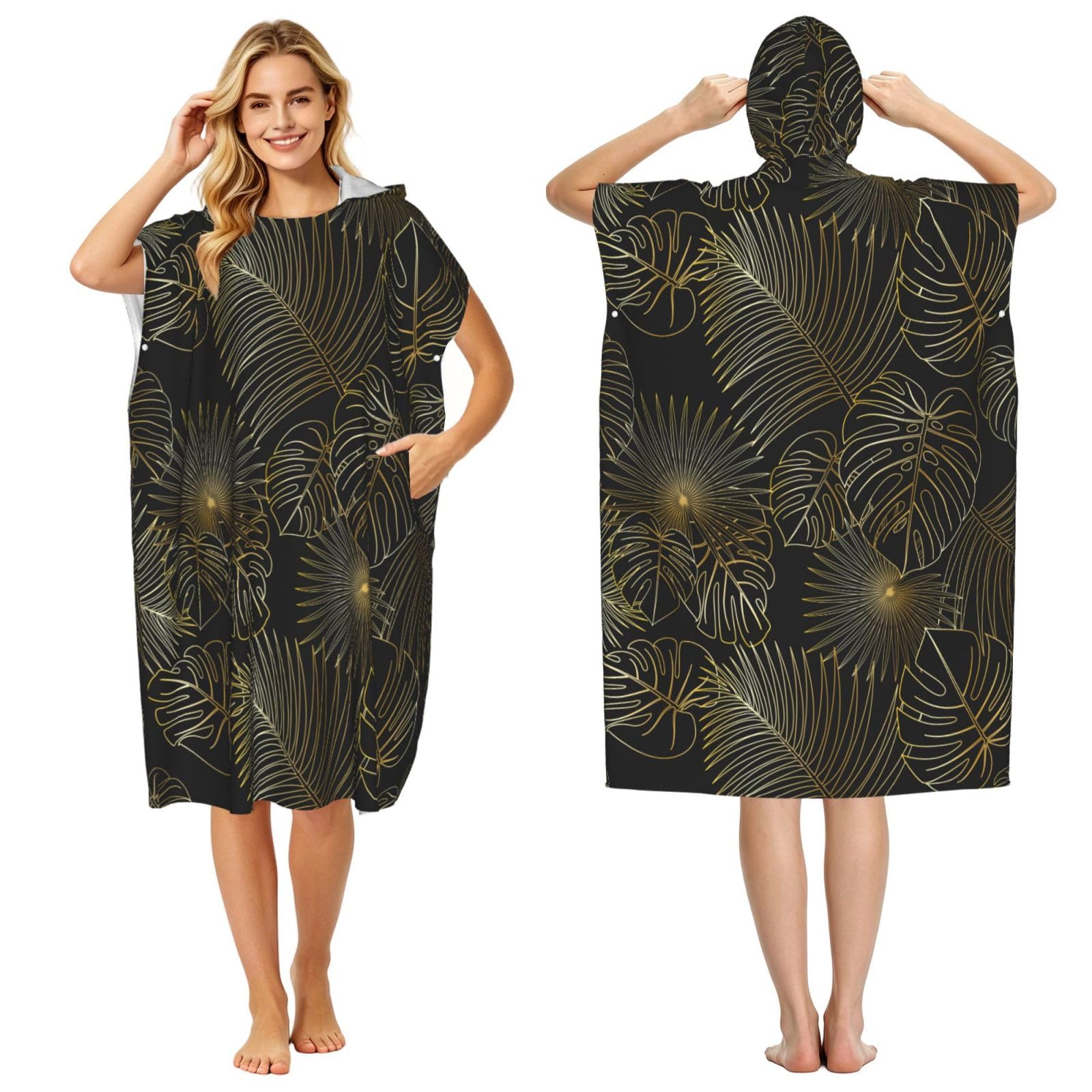 Poadnly Seamless Pattern Of Exotic Jungle Tropical Golden Palm Leaves, Adult Hooded Beach Towel 90 x 110 cm,Changing Bath Robe, Surf Poncho Towel For Women Men