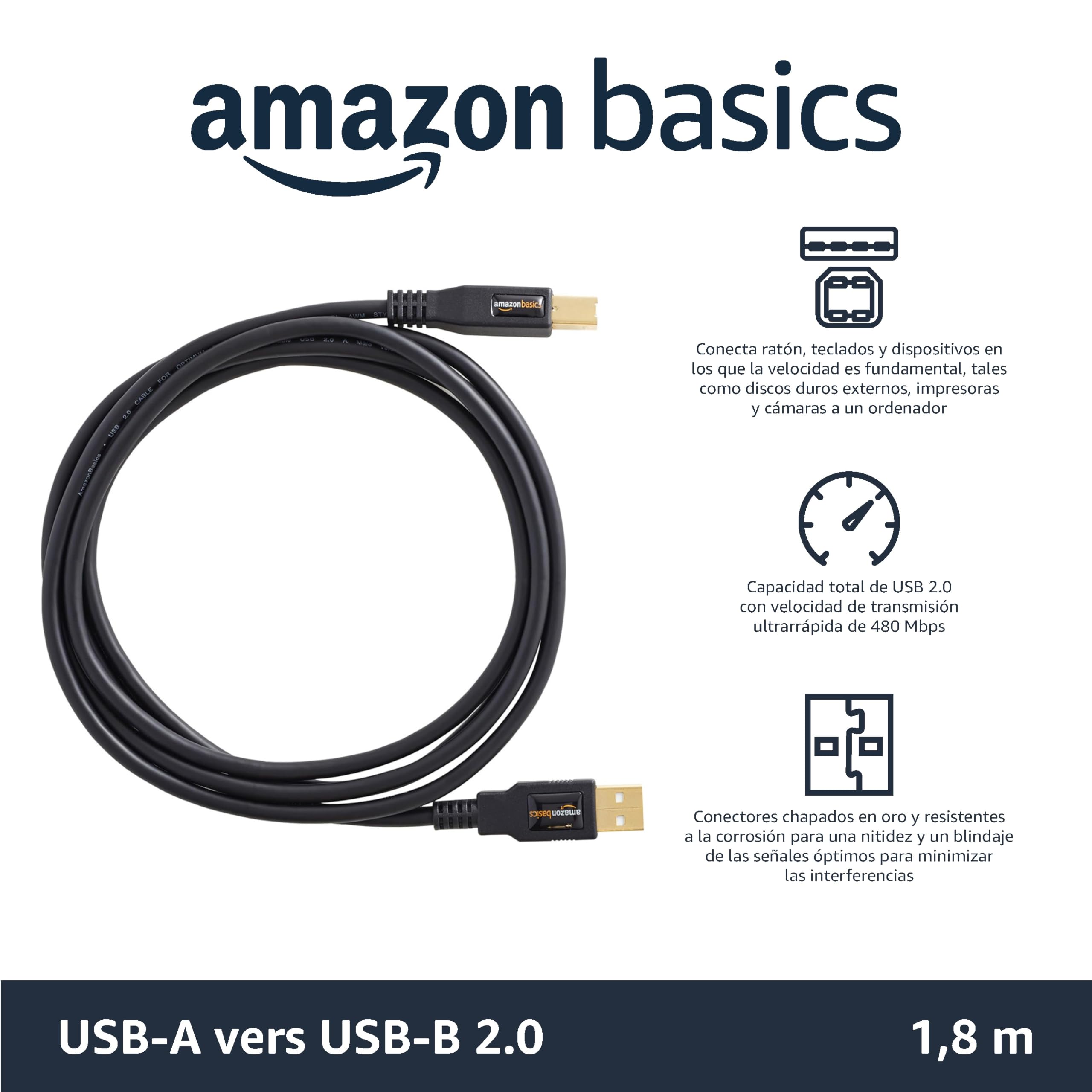 AmazonBasics Cable USB-A 2.0 Macho a USB-B Macho con Conectores Dorados para Impresora (1.8 m), Negro