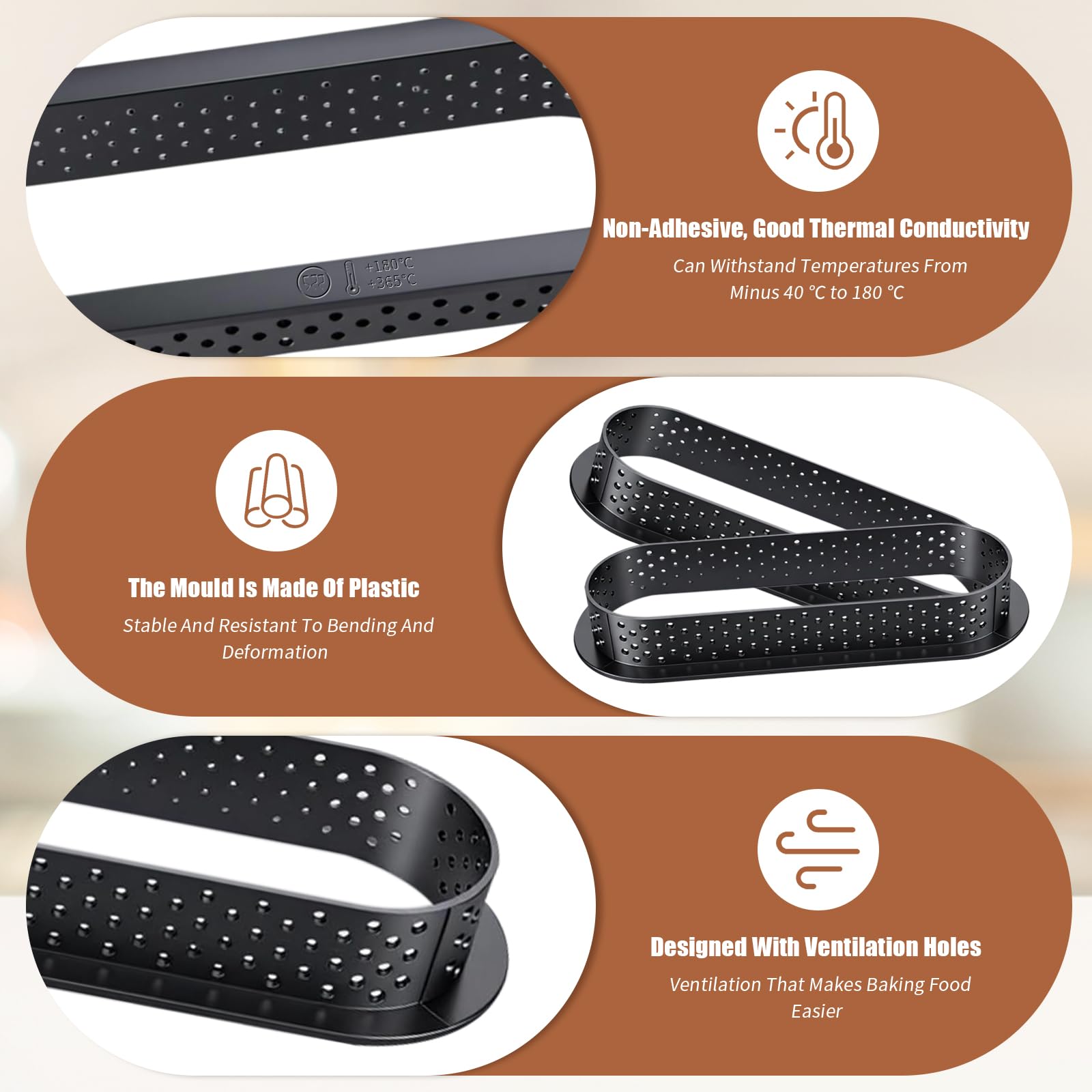 Cable Leader Juego de 16 moldes para tarta de mousse, con orificios de ventilación, ovalados (diámetro de 14,4 cm), redondos (8 cm de diámetro), pequeños moldes perforados para decoración de tartas