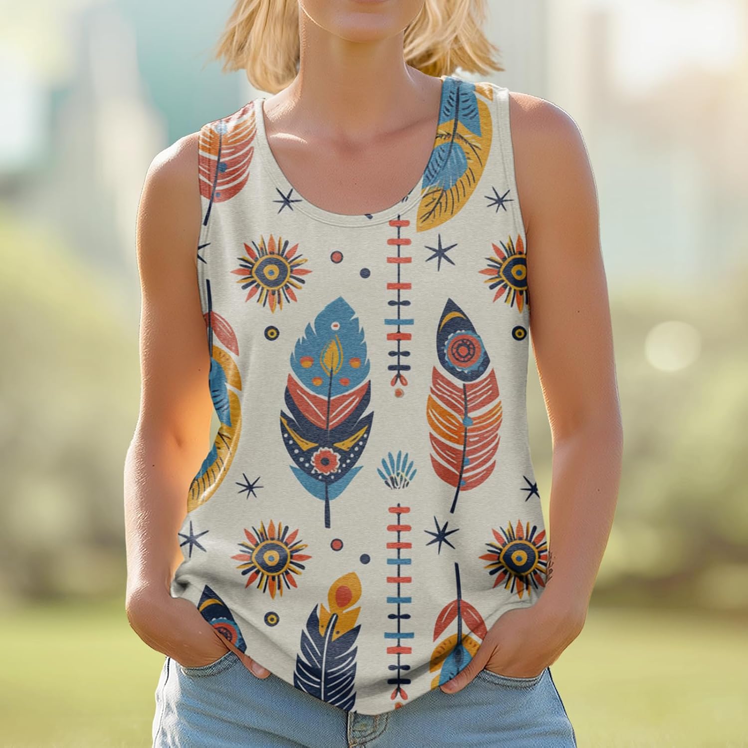 Summer Shirts for Women Sleeveless Loose Fit Plus Size Beach Cute Pattern Workout Sports Scoop Neck Tees - Image 2