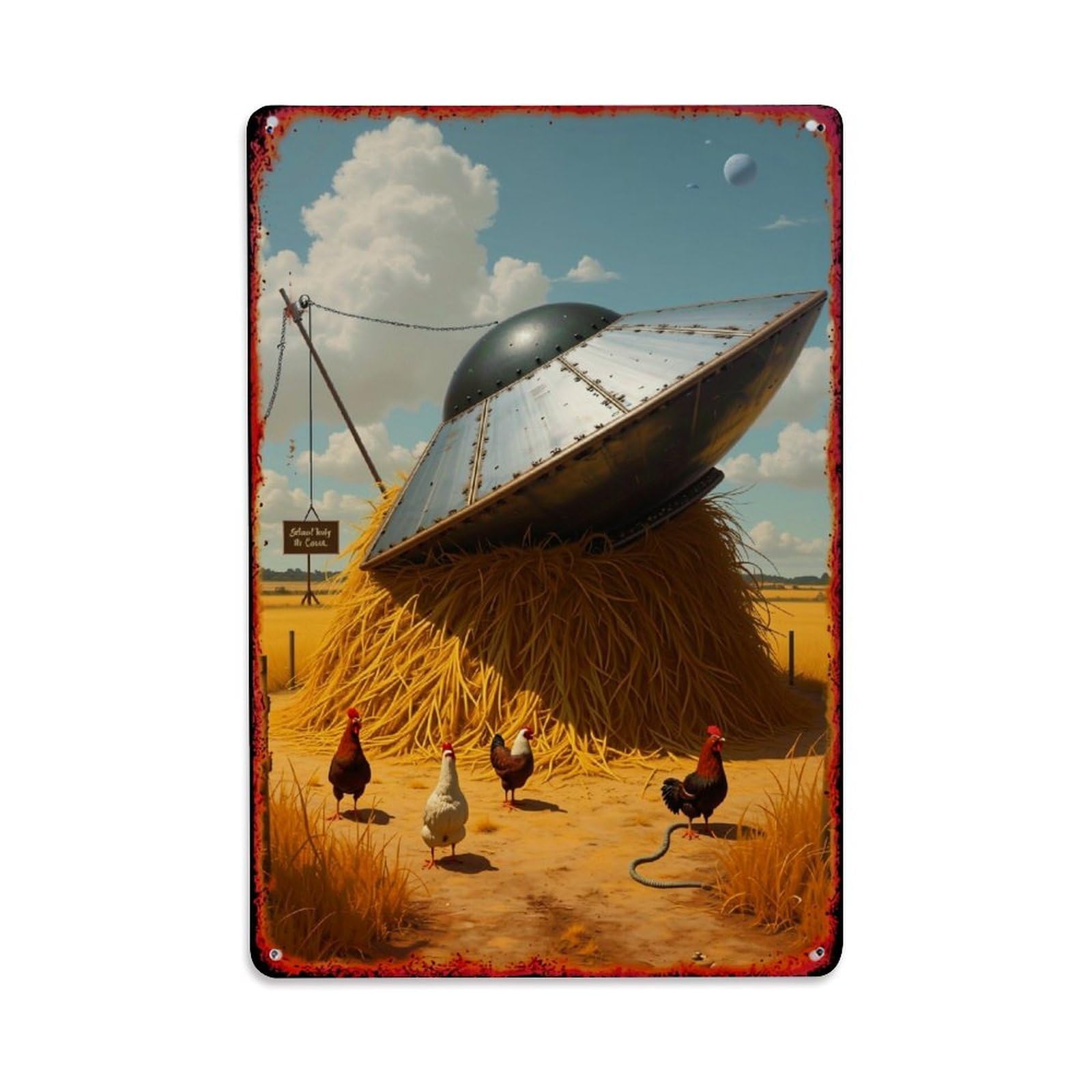 Jdyaojiesheng Vintage Ufo Haystack Chickens Farm Sky Tin Sign Retro Metal Wall Decor Metal Poster, Home Bar Garage Farmhouse Cafe Wall Art Decoration 8X12inches