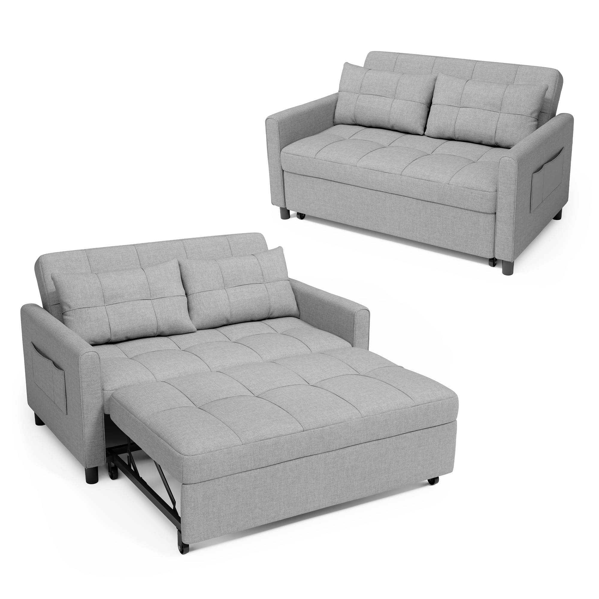 Divano Letto 2 Posti 3 in 1,Divano Matrimoniale Prontoletto Estraibile con 2 Guanciali e Tasche Laterali per Soggiorno, Camera da Letto o Ufficio,132X80X90cm,Grigio chiaro