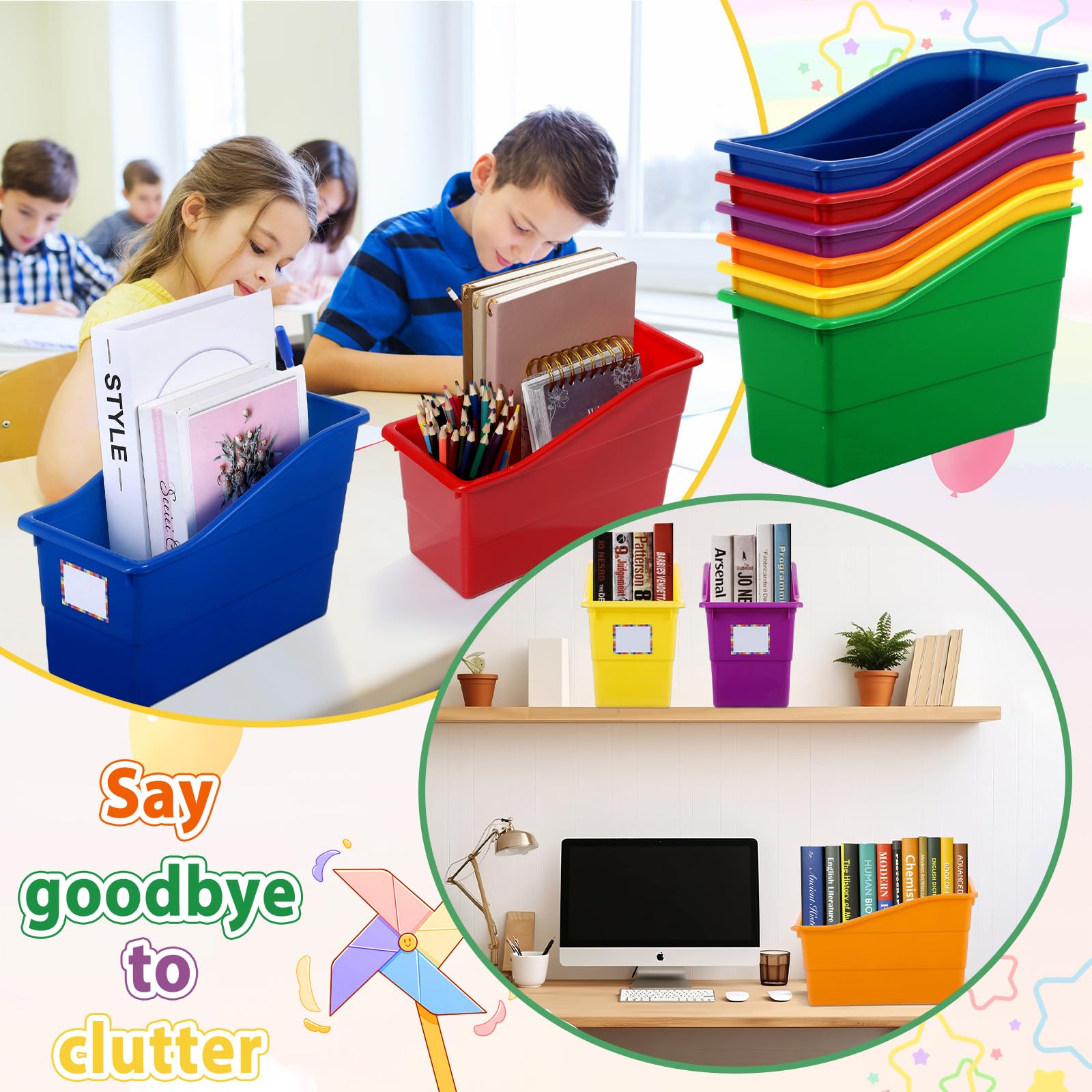 Lot de 12 grandes corbeilles à livres, organiseur de magazines en plastique durable de haute qualité avec étiquettes pour salle de classe, bibliothèque, bureau, organisation de bureau, catégorisation