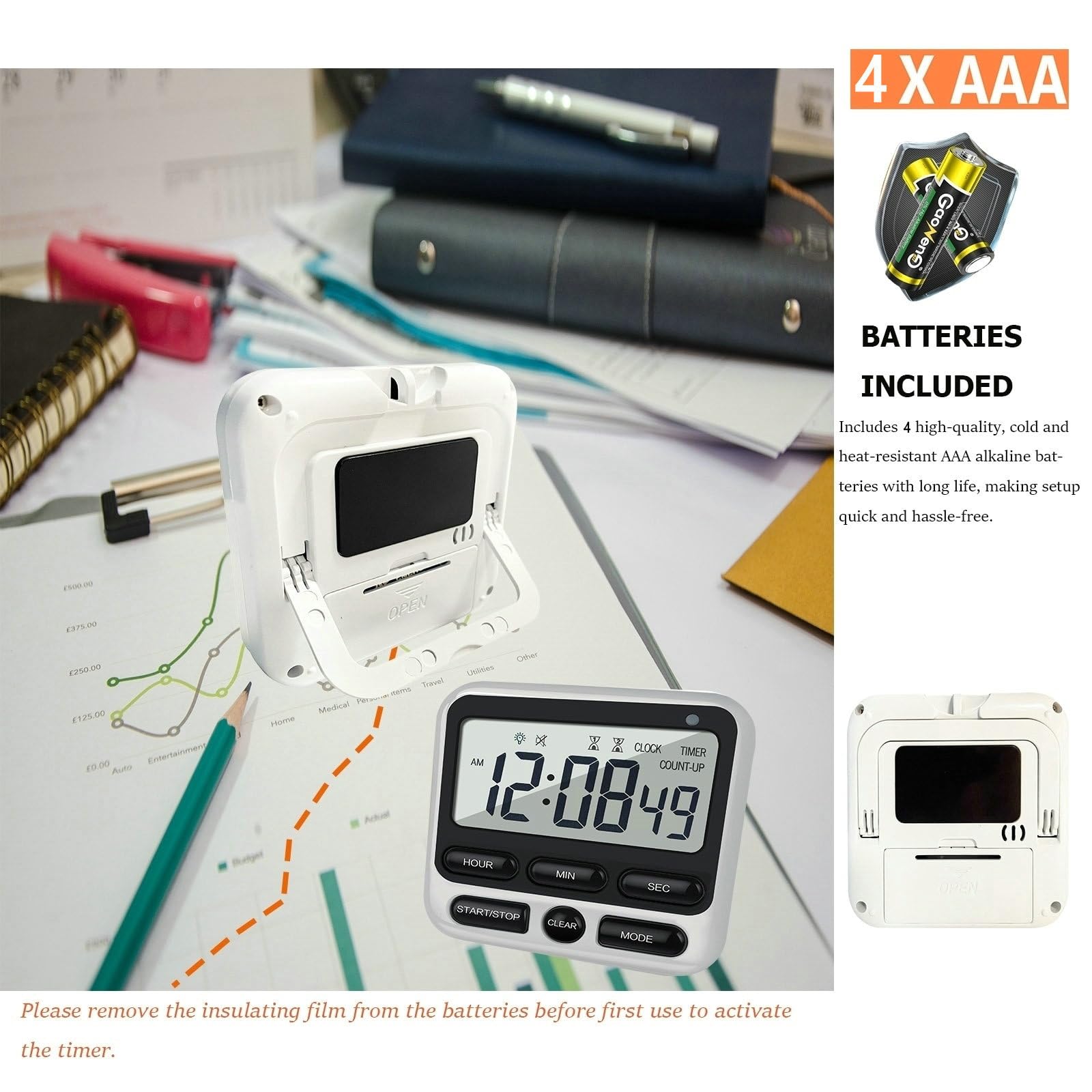 Paquete de 2 temporizadores digitales de cocina dobles con imán, cuenta regresiva y cronómetro de 24 horas, alarma fuerte, reloj de 12/24 horas, calendario, modo de silencio, indicador visual